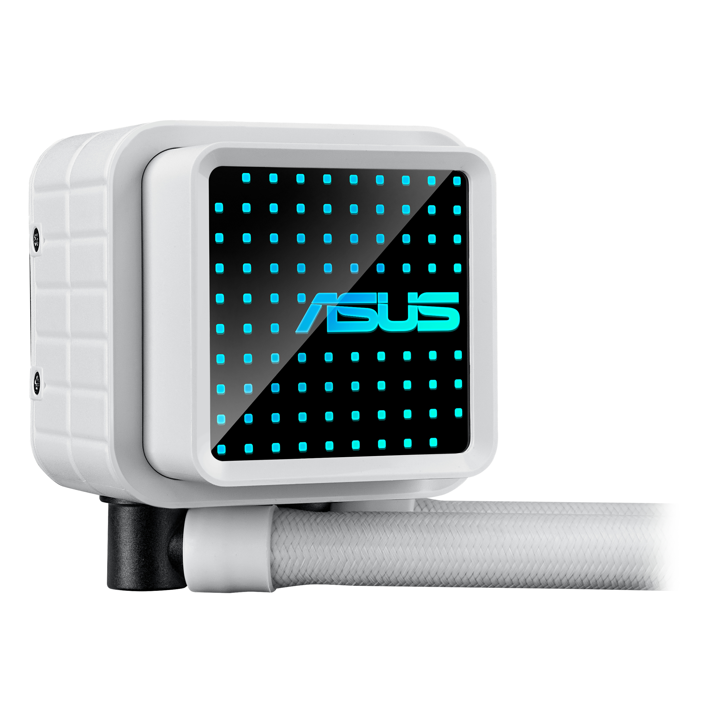 Białe urządzenie o kwadratowym kształcie i świecącym logo ASUS. Jest podłączone do białej rurki.