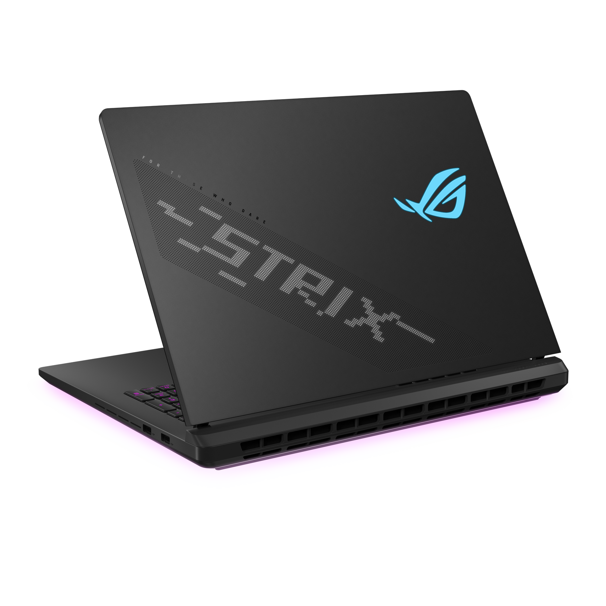 Schwarzer Laptop auf schwarzem Hintergrund mit neonpinkem Licht.