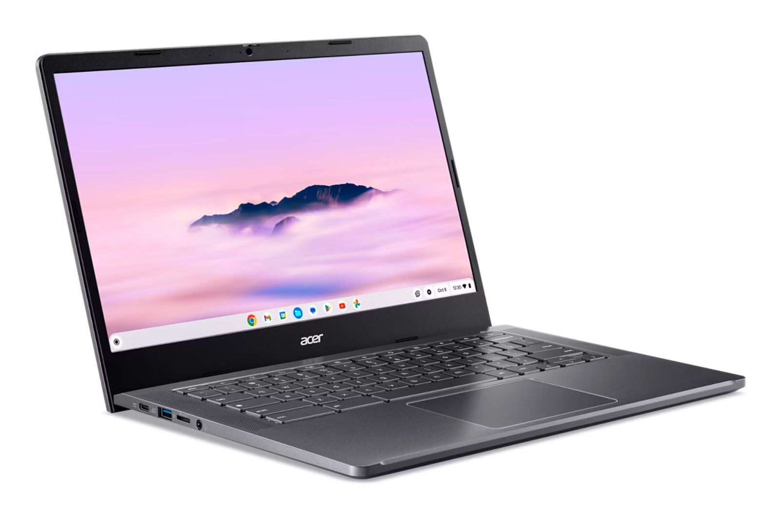 Acer Chromebook Laptop, geöffnet. Es hat ein silbernes Gehäuse, eine schwarze Tastatur und zeigt einen Himmel mit Wolken.