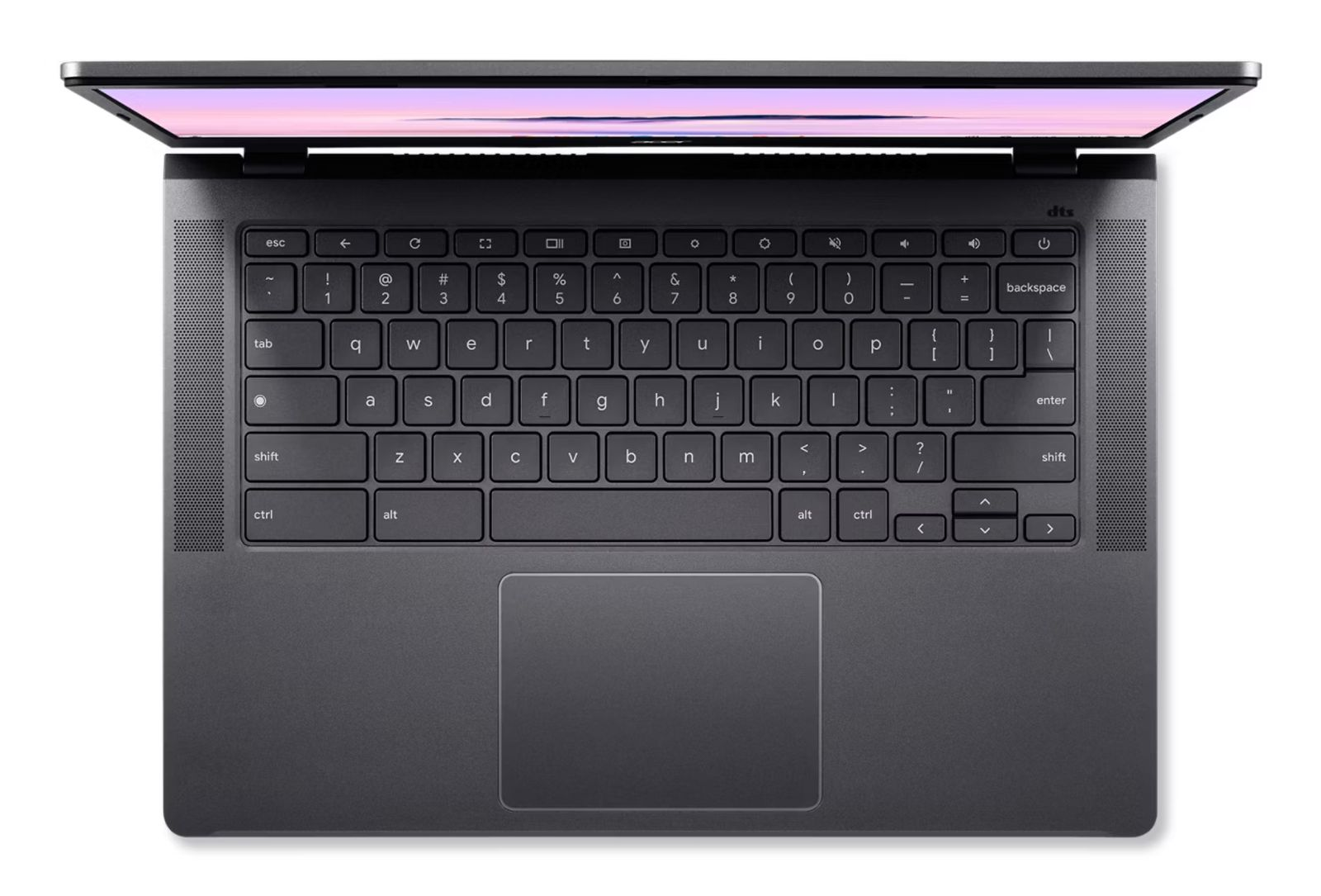 Laptop von oben, offen. Tastatur ist sichtbar. Schwarze Farbe. Weißer Hintergrund.