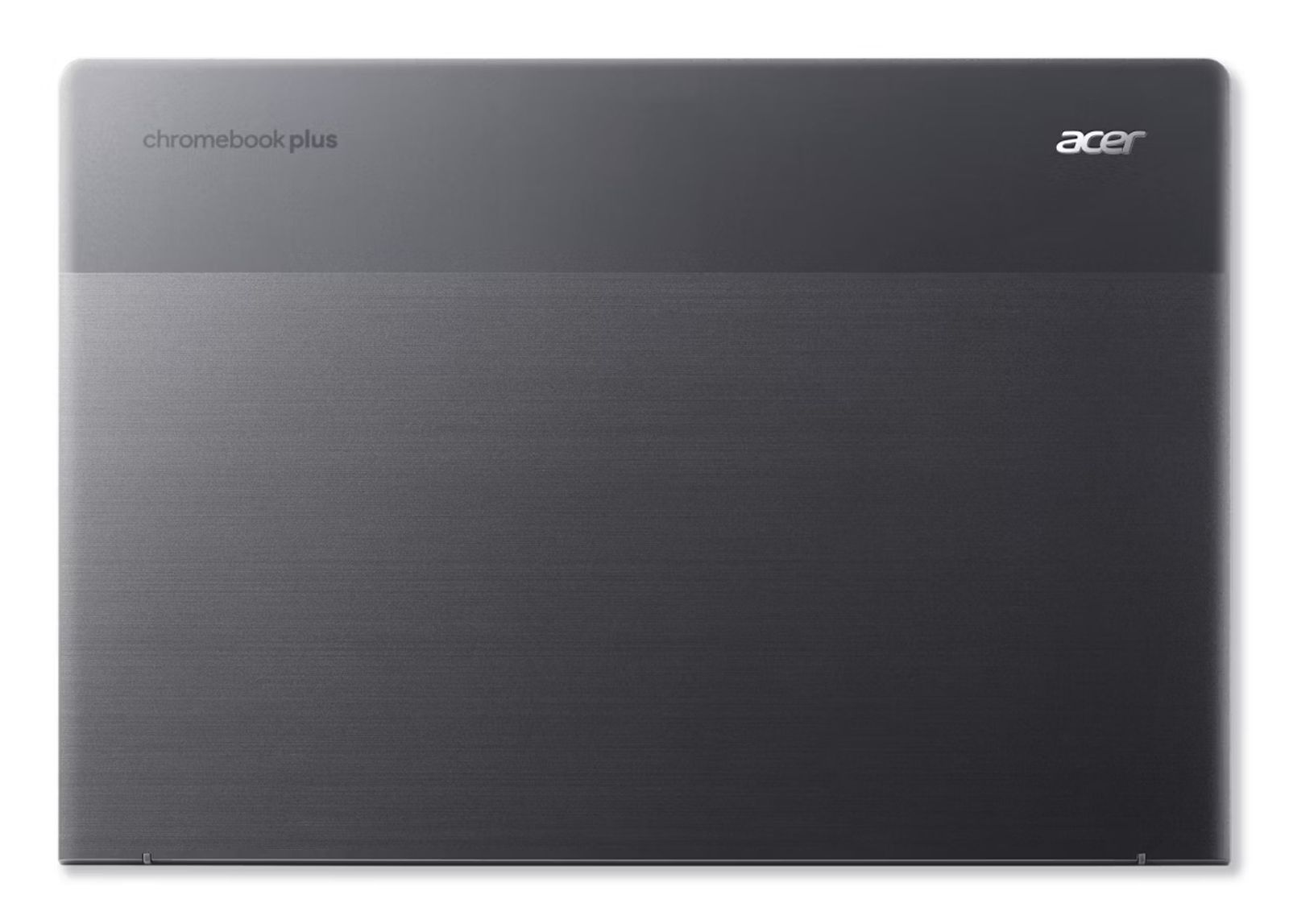 Draufsicht auf einen grauen Acer Chromebook Plus Laptop. Die Oberseite hat ein zweifarbiges Design mit Markennamen.