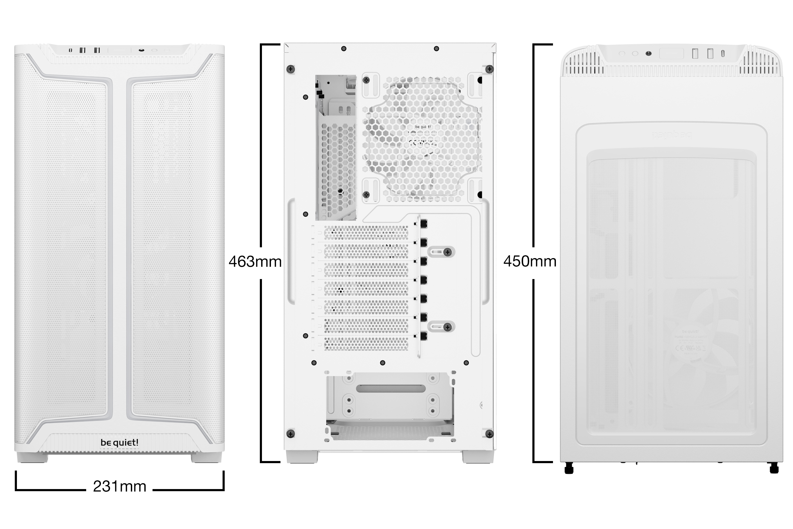 Obudowa komputera z trzech perspektyw. Przód, tył i bok. Biała i z oznaczonymi wymiarami.