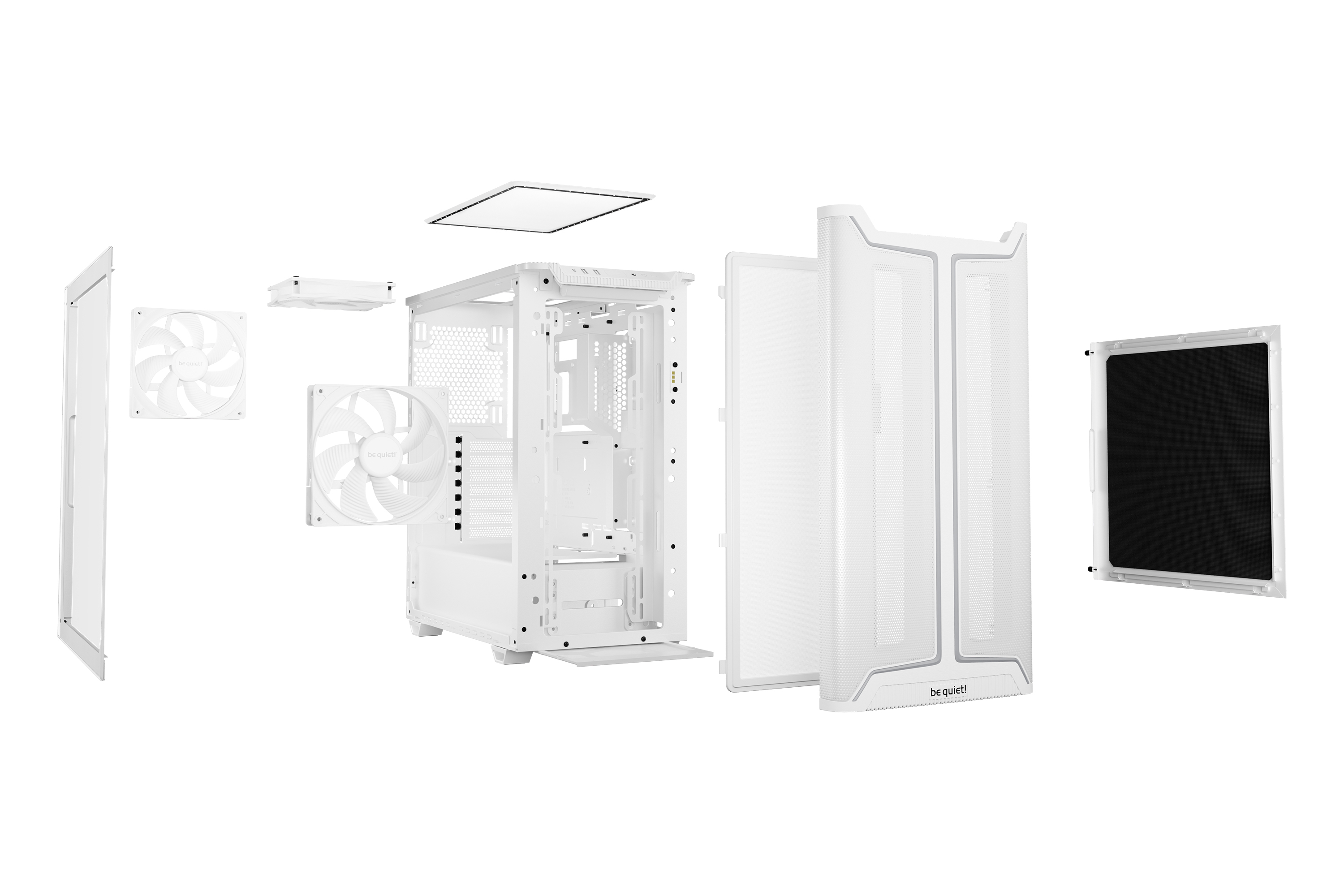 Widok rozłożony białej obudowy komputera. Części są rozdzielone. Zawiera wentylatory, panele i główną konstrukcję obudowy.