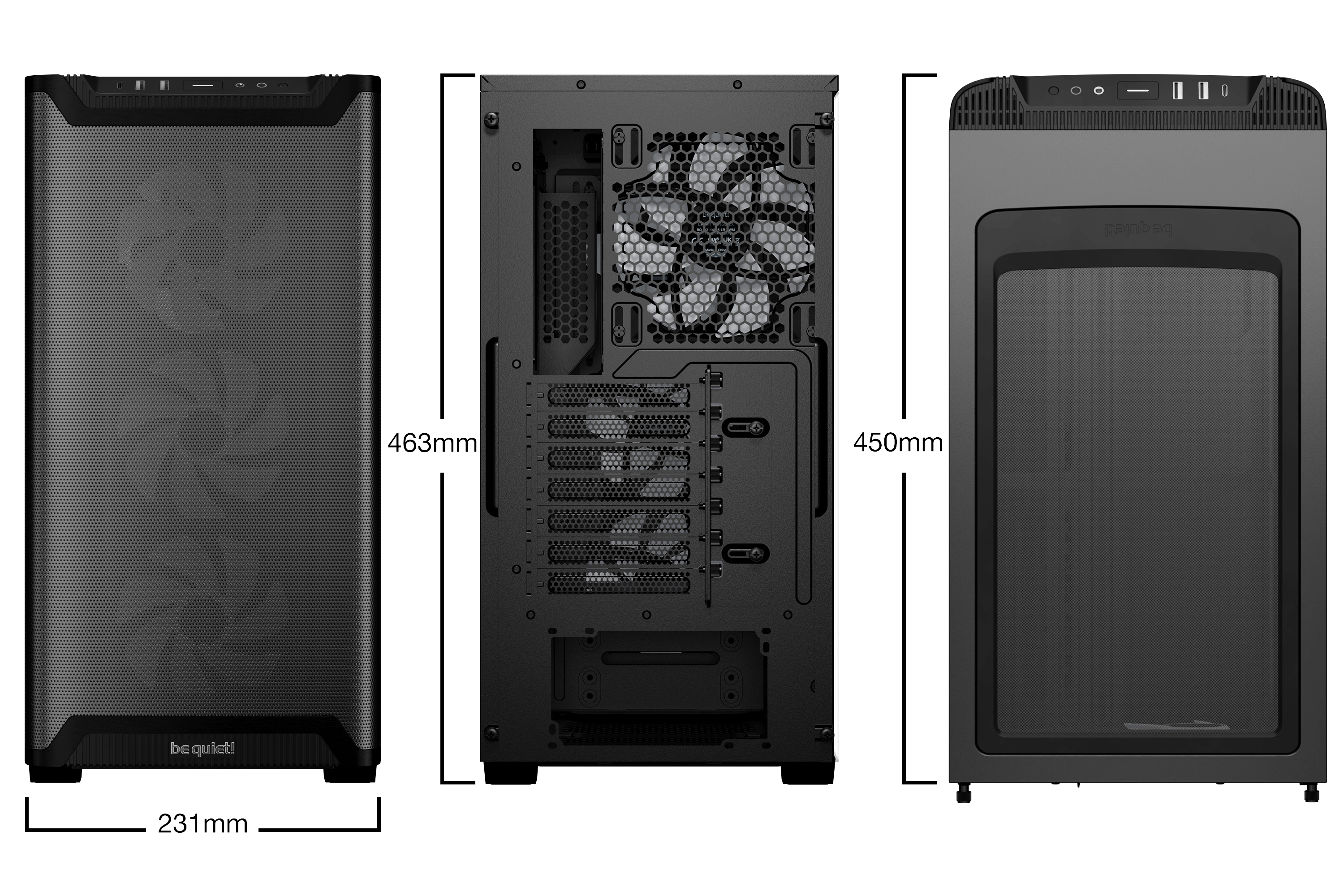 Obudowa komputera z trzech perspektyw. Przód, tył i bok. Czarna i z oznaczonymi wymiarami.