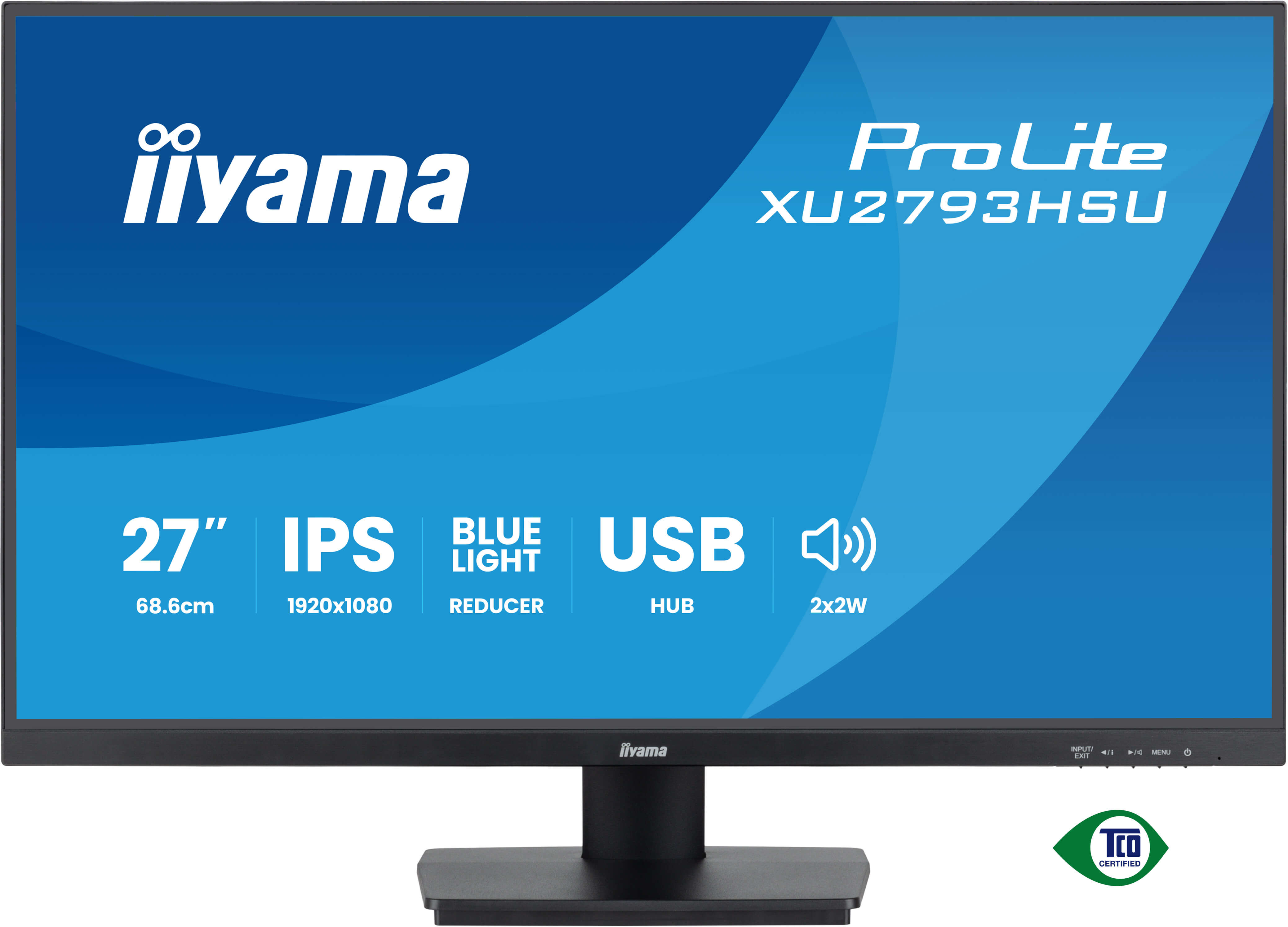 Monitor Iiyama z czarną ramką. Cechy: 27", IPS, Reduktor niebieskiego światła, USB, 2x2W. Ekran wyświetla niebieską falę.