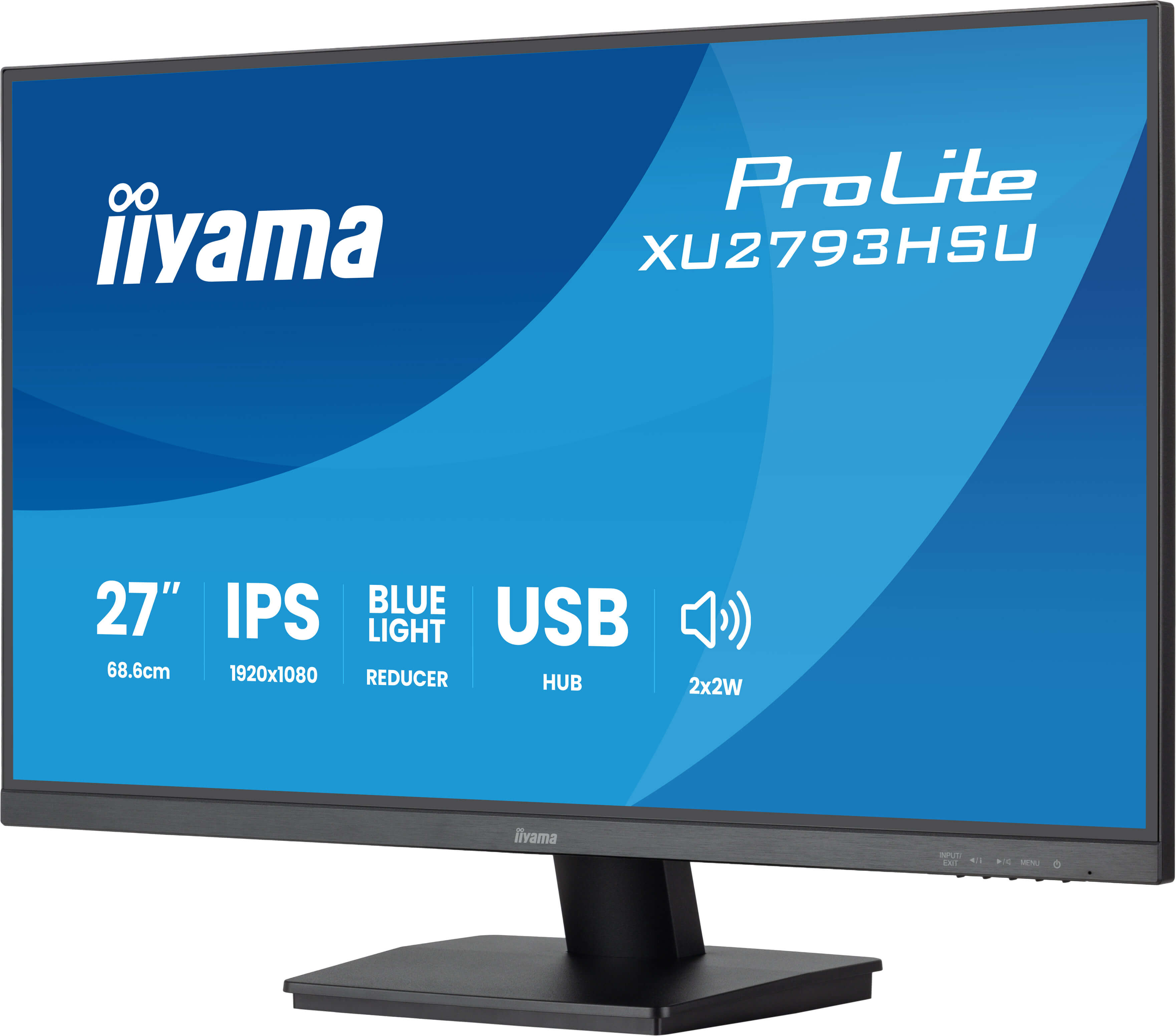 Monitor Iiyama z czarną ramką. Cechy: 27", IPS, Reduktor niebieskiego światła, USB. Ekran wyświetla niebieską falę.
