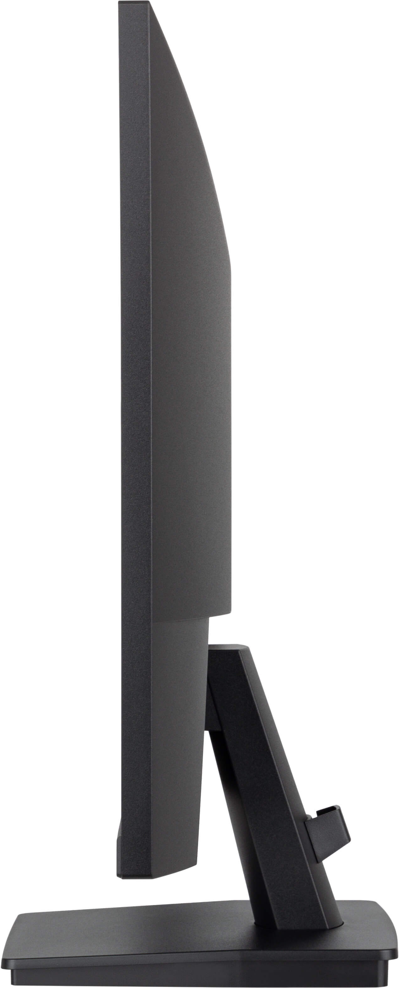 Czarny monitor z boku, pokazujący smukły profil i podstawkę.