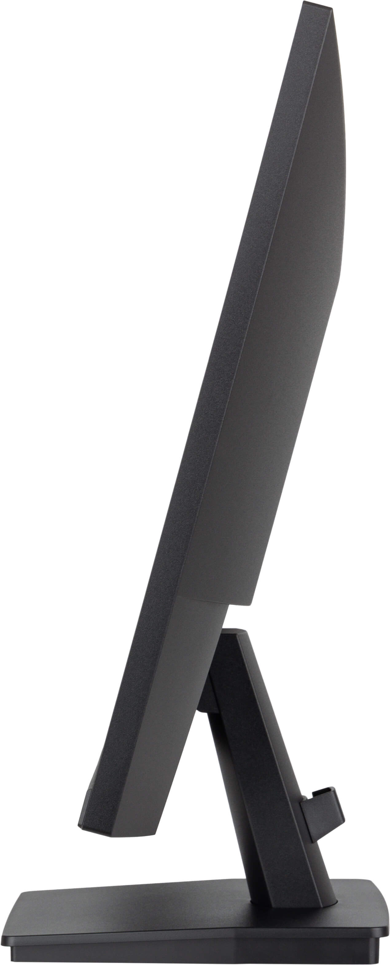 Czarny monitor z boku, pokazujący smukły profil i podstawkę.