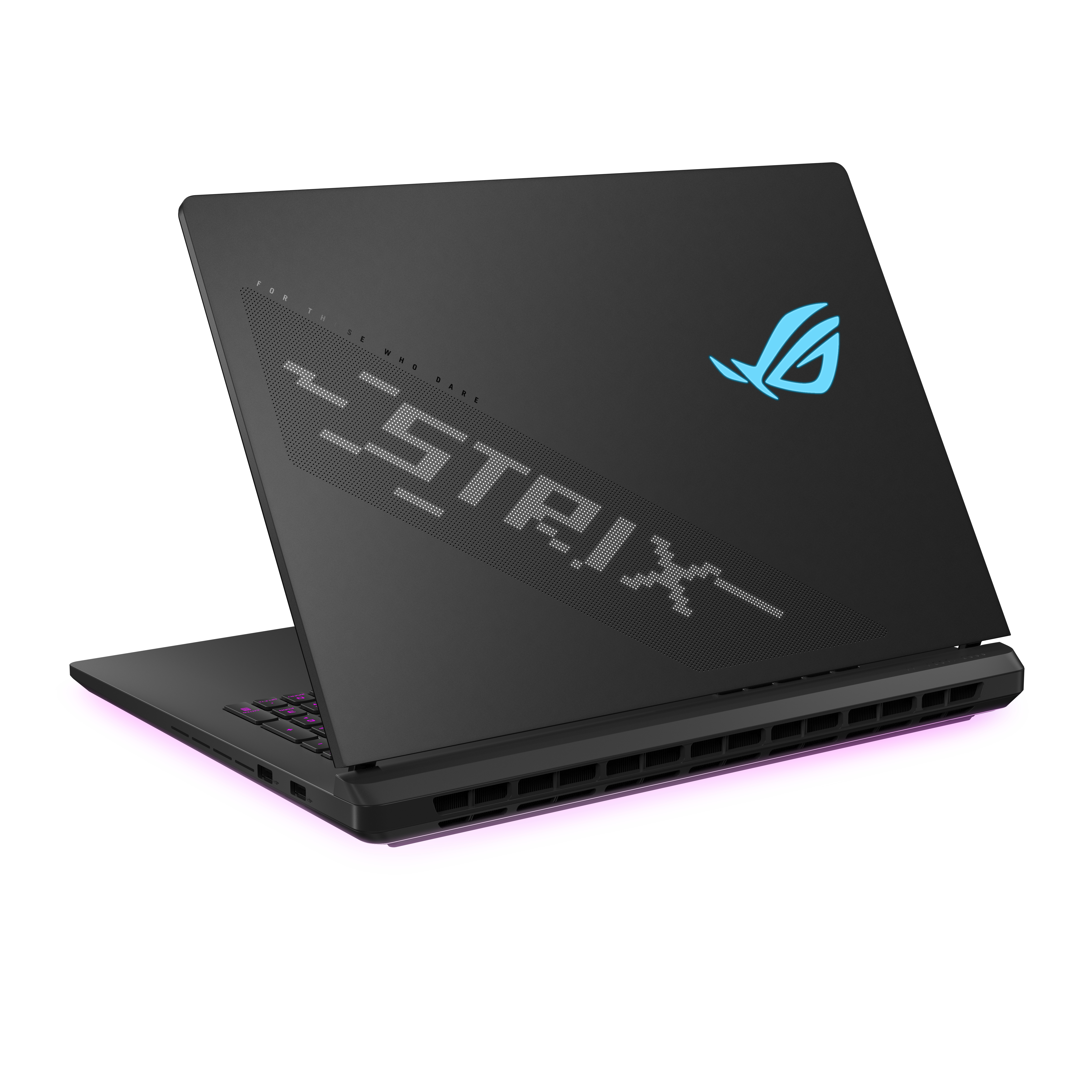 Schwarzer Gaming-Laptop mit geöffnetem Deckel, Logo sichtbar.