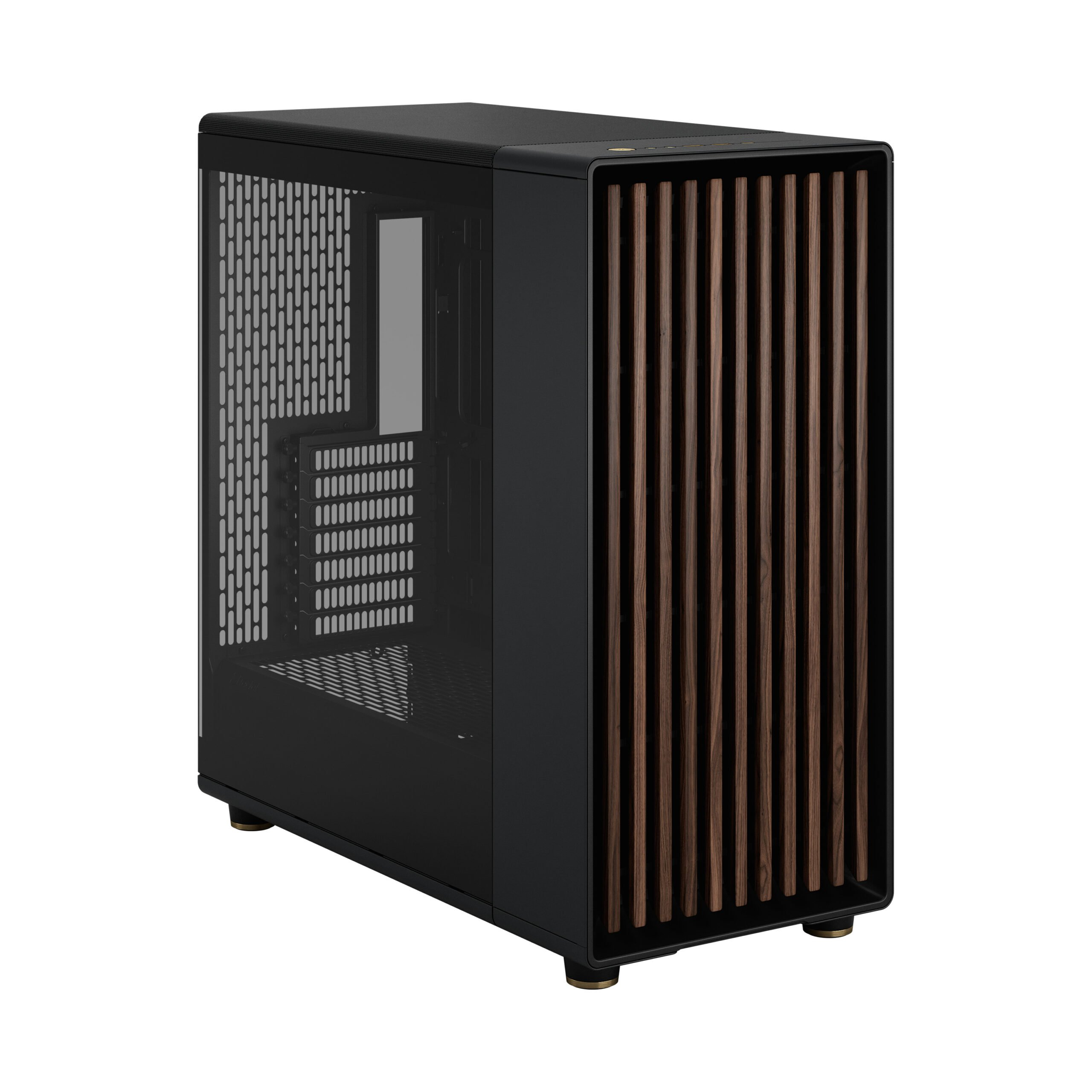 Caja de ordenador negra con panel frontal de madera. El panel lateral es transparente. Fondo blanco.