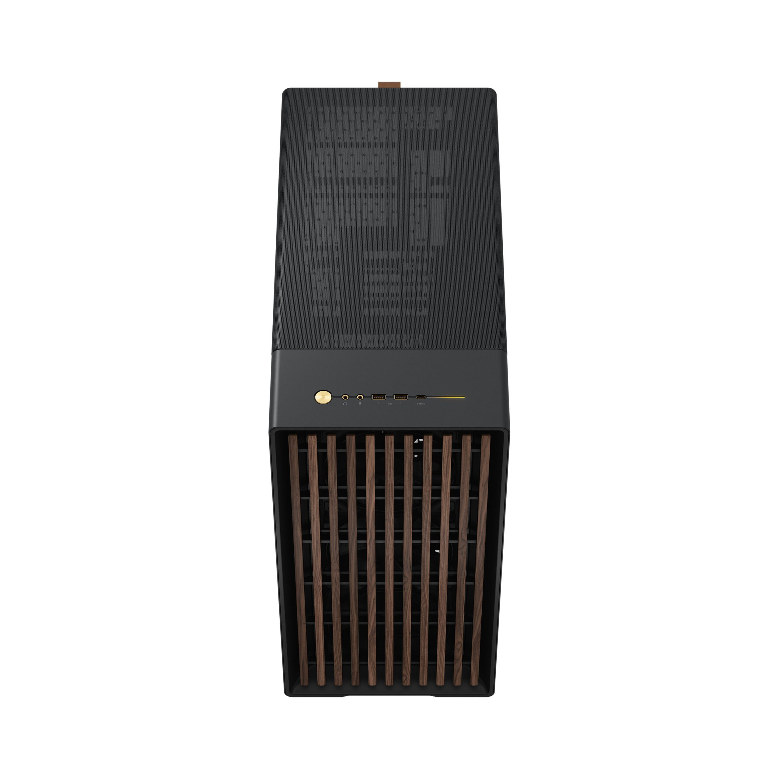 Caja de ordenador negra con panel frontal de madera, vista superior. Fondo blanco.