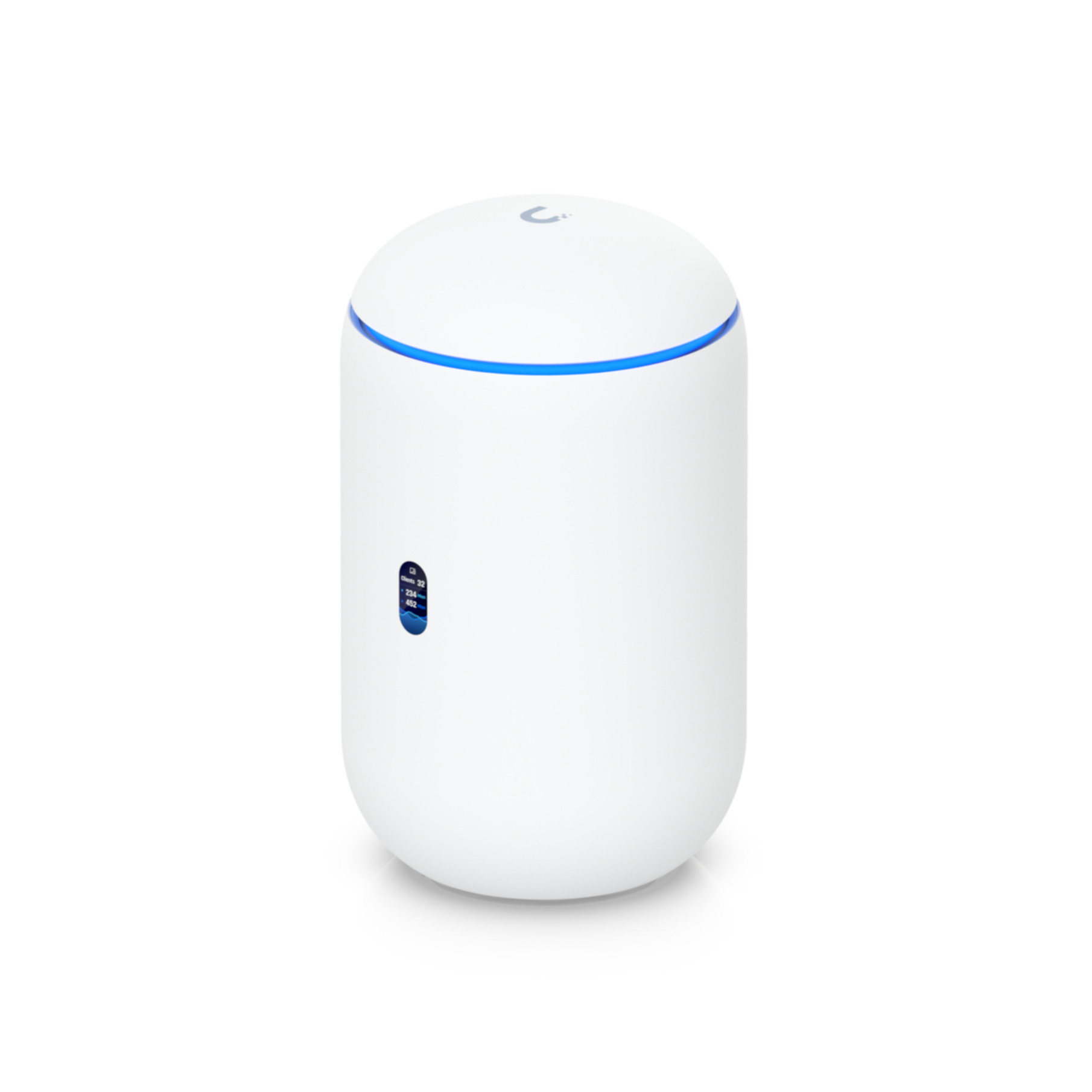 Białe, cylindryczne urządzenie z niebieskimi akcentami, prawdopodobnie router.