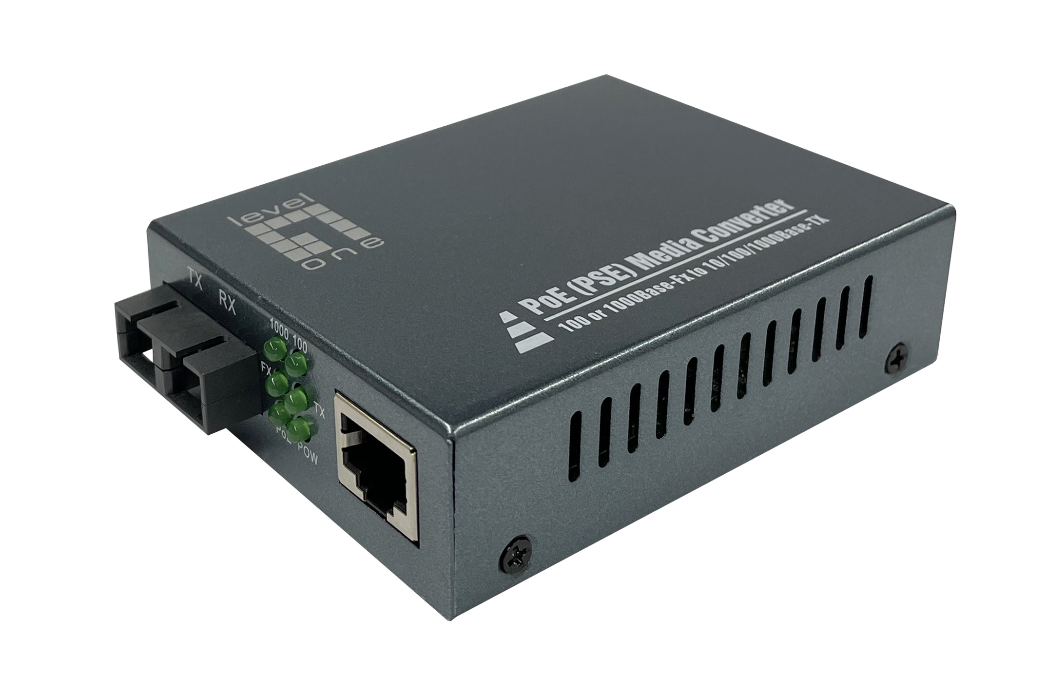 Convertitore multimediale grigio scuro con porte e LED.