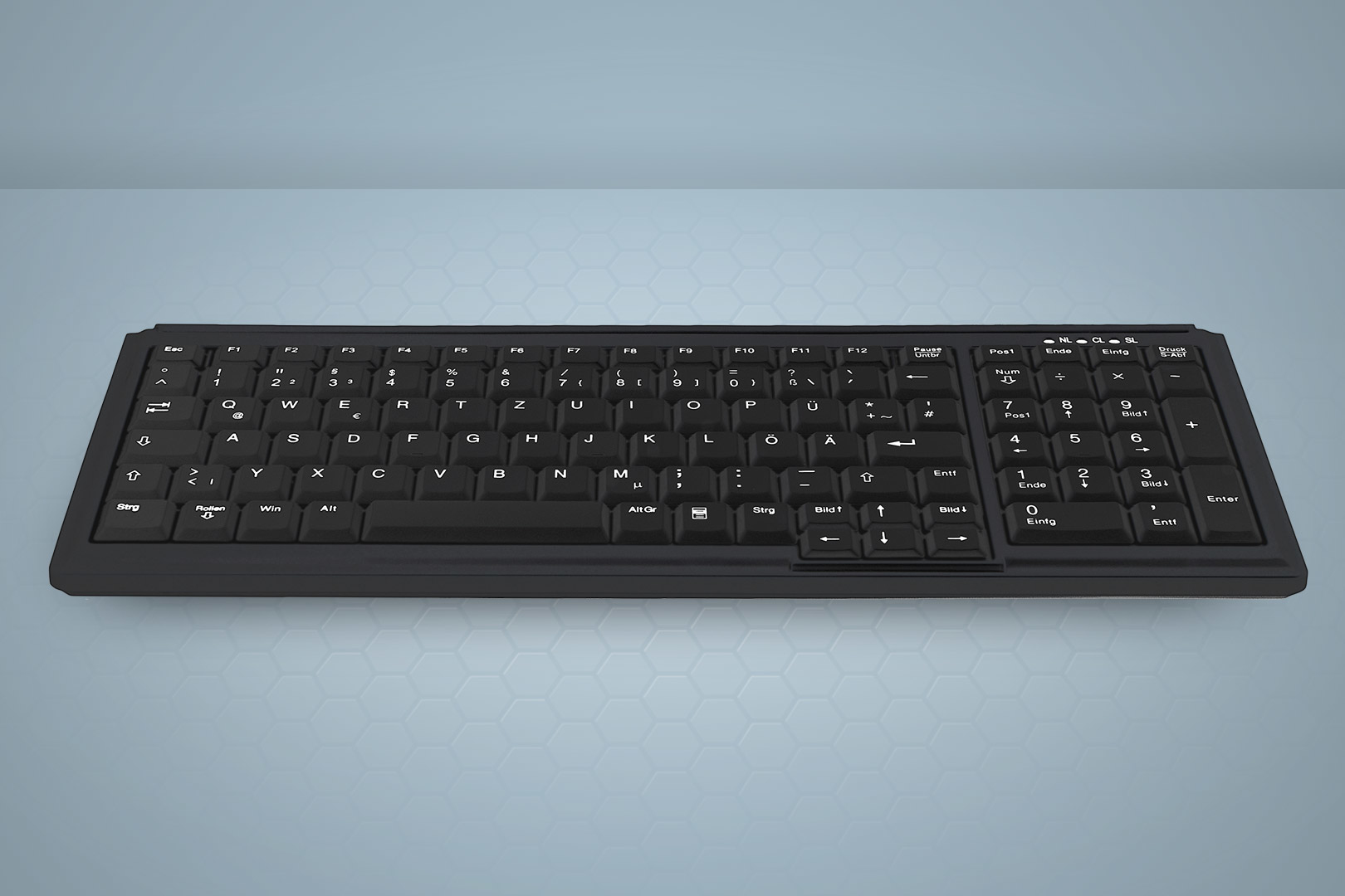 Schwarze Tastatur mit weißen Tasten auf hellblauem Hintergrund.