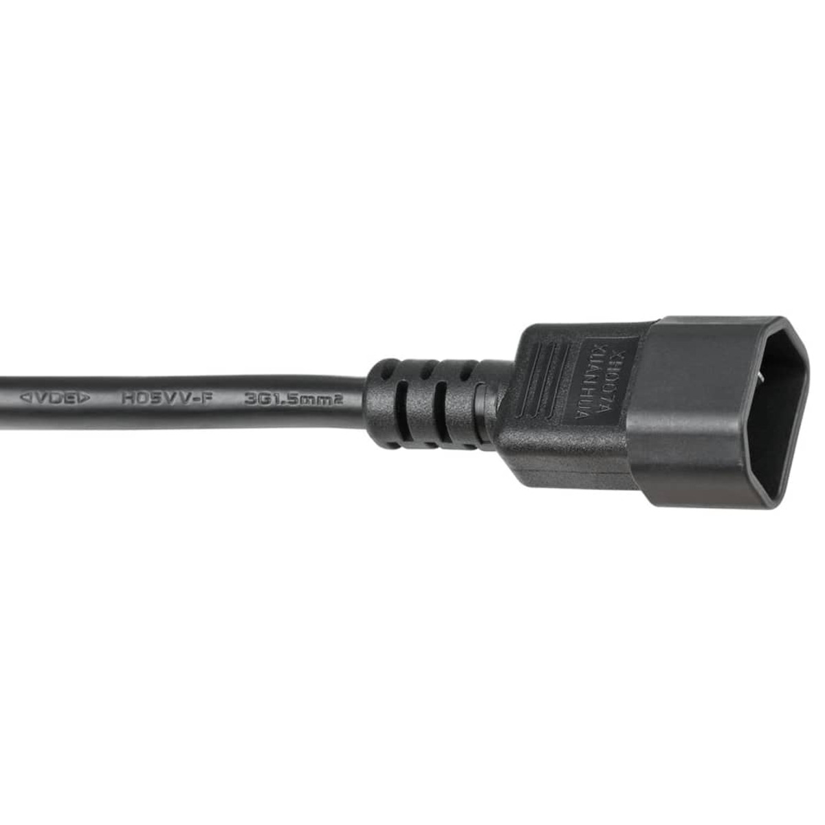 Czarny kabel zasilający ze złączem C13 na jednym końcu i wtyczką zasilania na drugim.