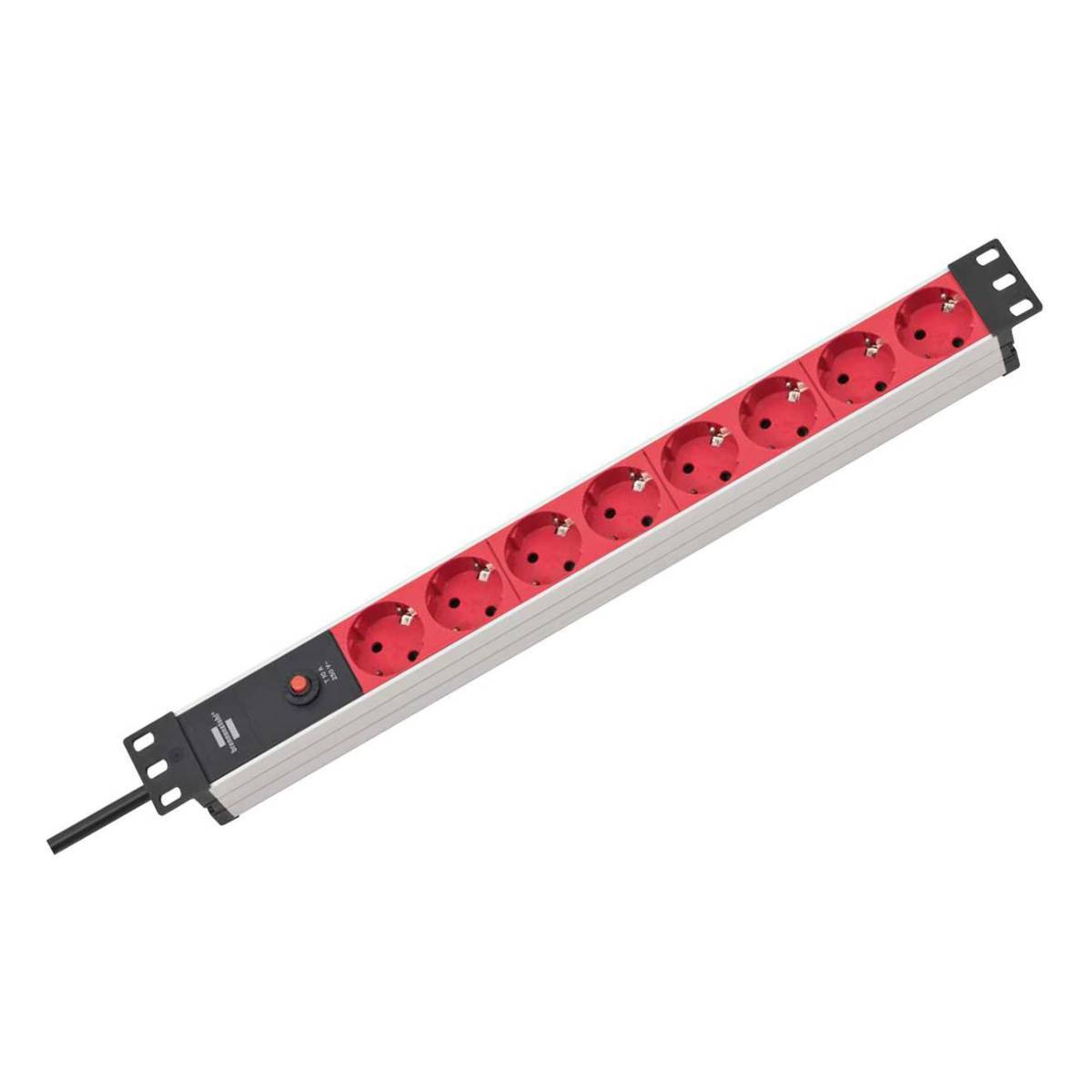 Czerwone gniazda na czarnej listwie zasilającej. Listwa ma przycisk zasilania i jest na białym tle.