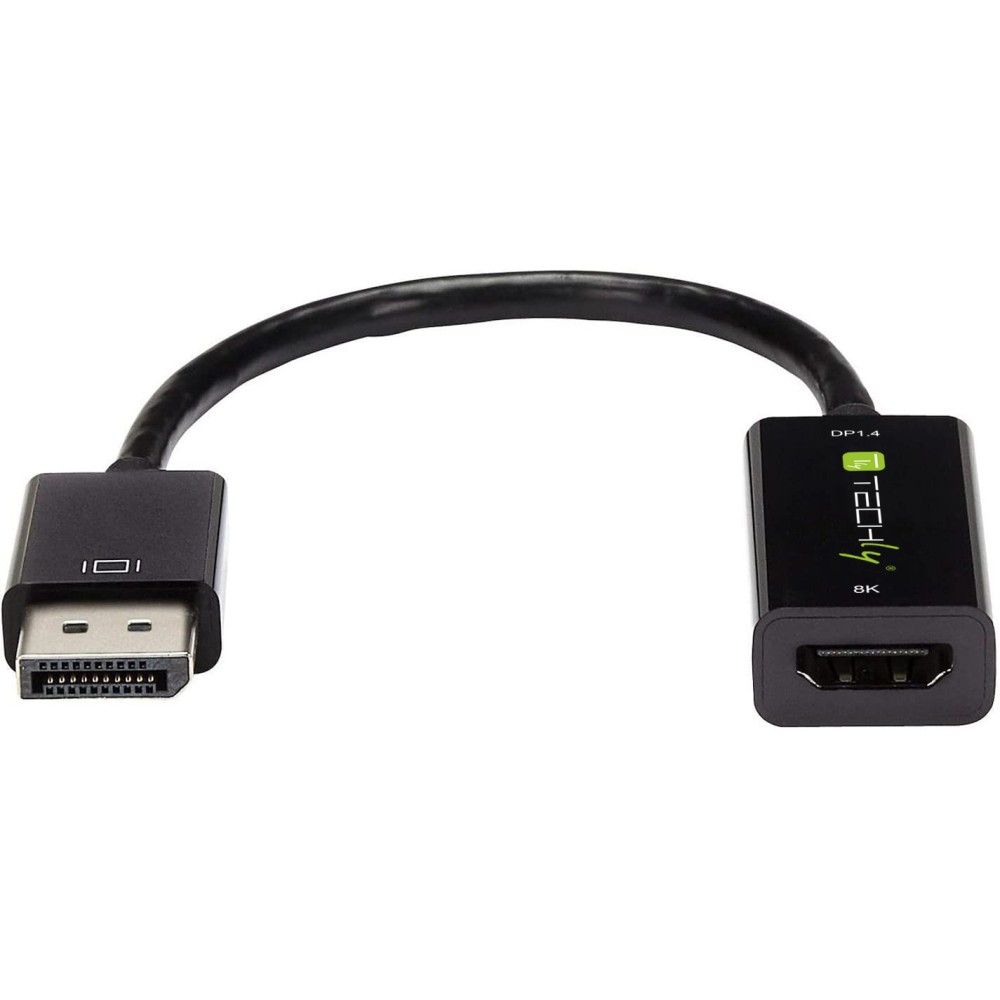 Cable adaptador DP a HDMI negro con conectores, sobre fondo blanco.