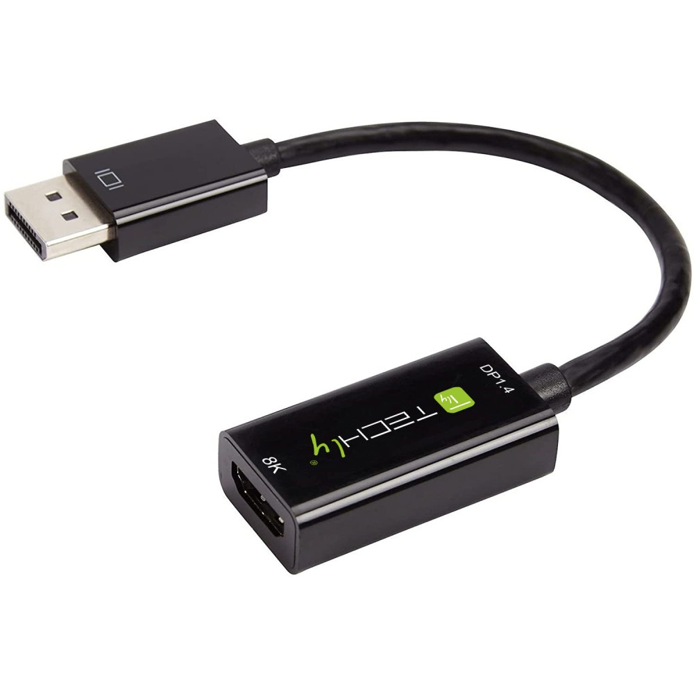 Cable adaptador DP a HDMI negro con conectores, sobre fondo blanco.