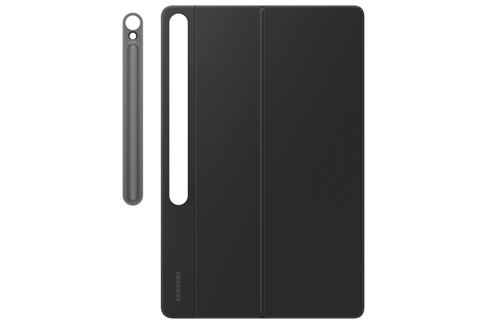 Czarny tablet z piórem i etui, na białym tle.