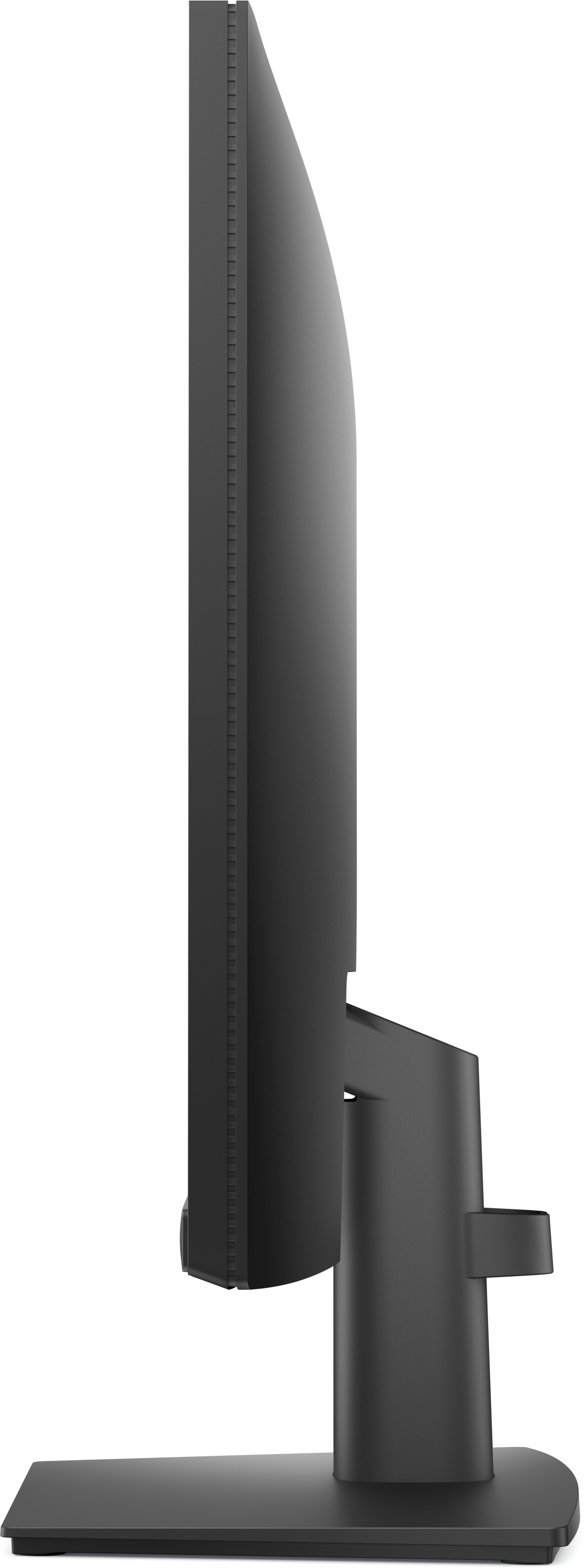 Widok z boku czarnego monitora z czarną podstawą na białym tle.