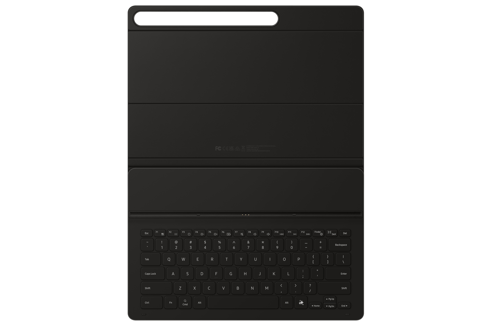 Schwarze Tablet-Tastaturhülle mit Tastatur, auf weißem Hintergrund.