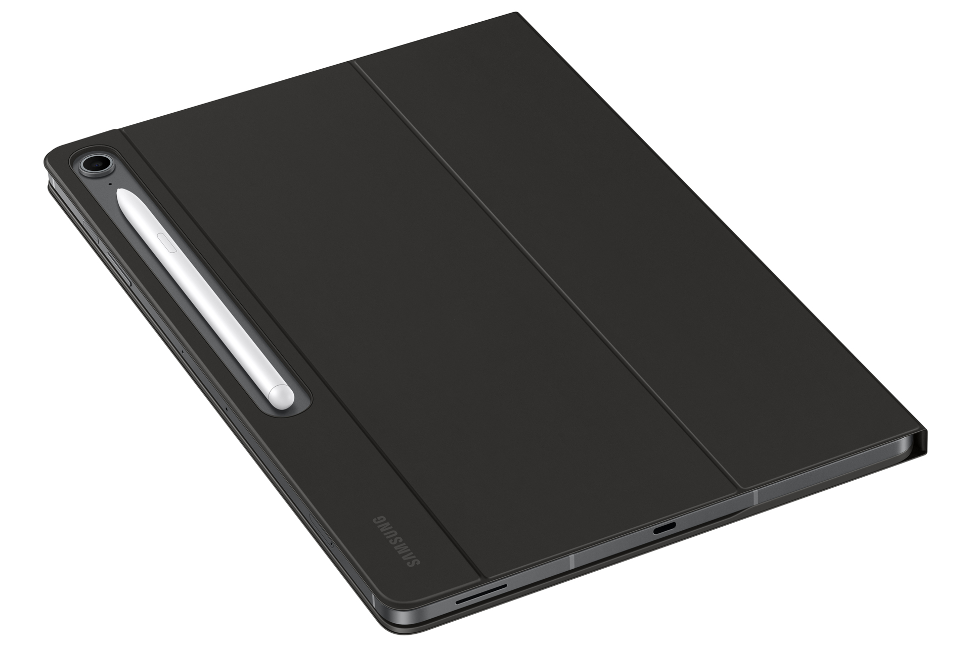 Tablette noire avec un stylet blanc dans un étui noir sur fond blanc.