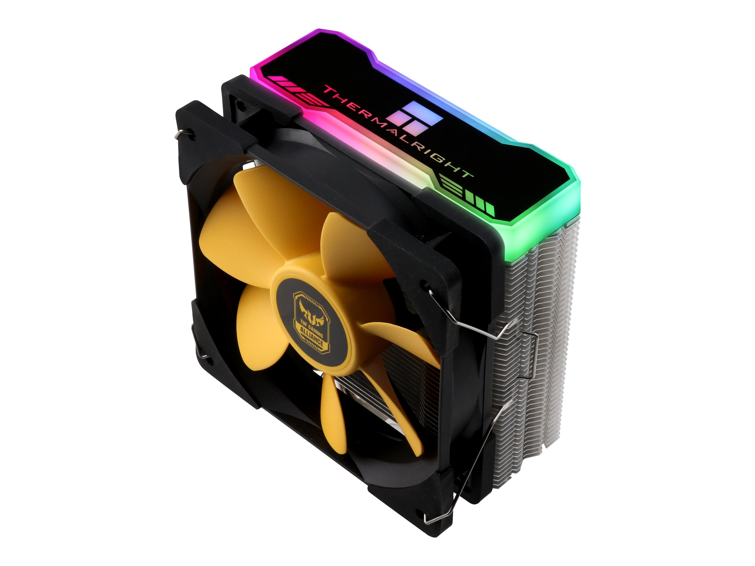 Dissipatore CPU per computer con ventola gialla e telaio nero. Ha luci LED colorate.