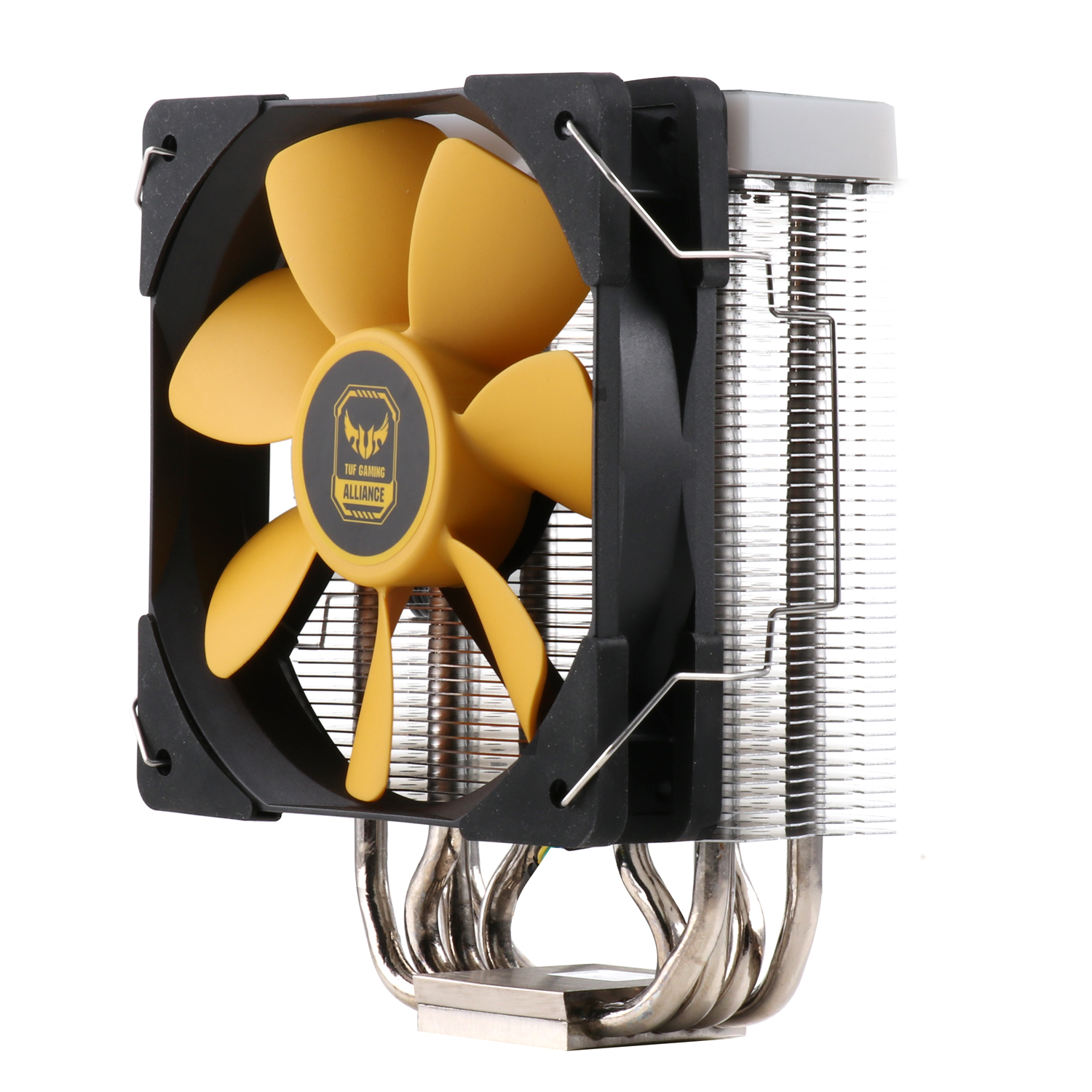 Un dissipatore CPU con ventola gialla e dissipatore di calore su sfondo bianco.