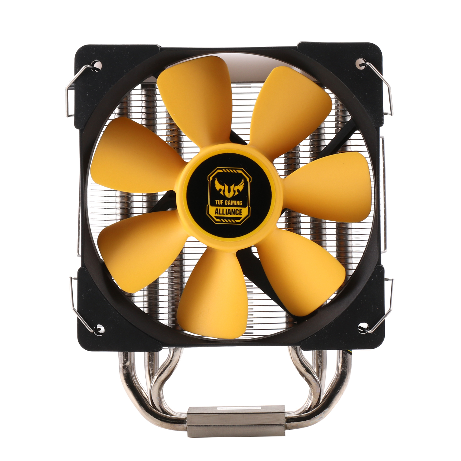 Dissipatore CPU per computer con ventola gialla. Il telaio è nero. Lo sfondo è bianco.