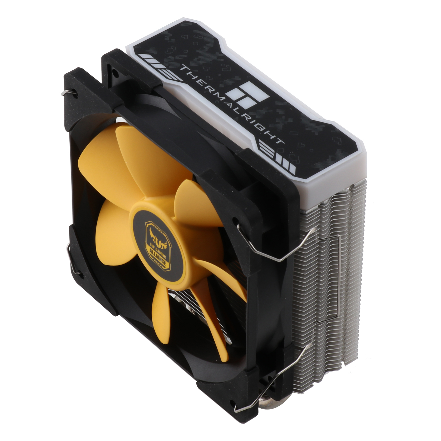 Dissipatore CPU con ventola gialla. Telaio nero e alette argentate. Logo Thermalright visibile.