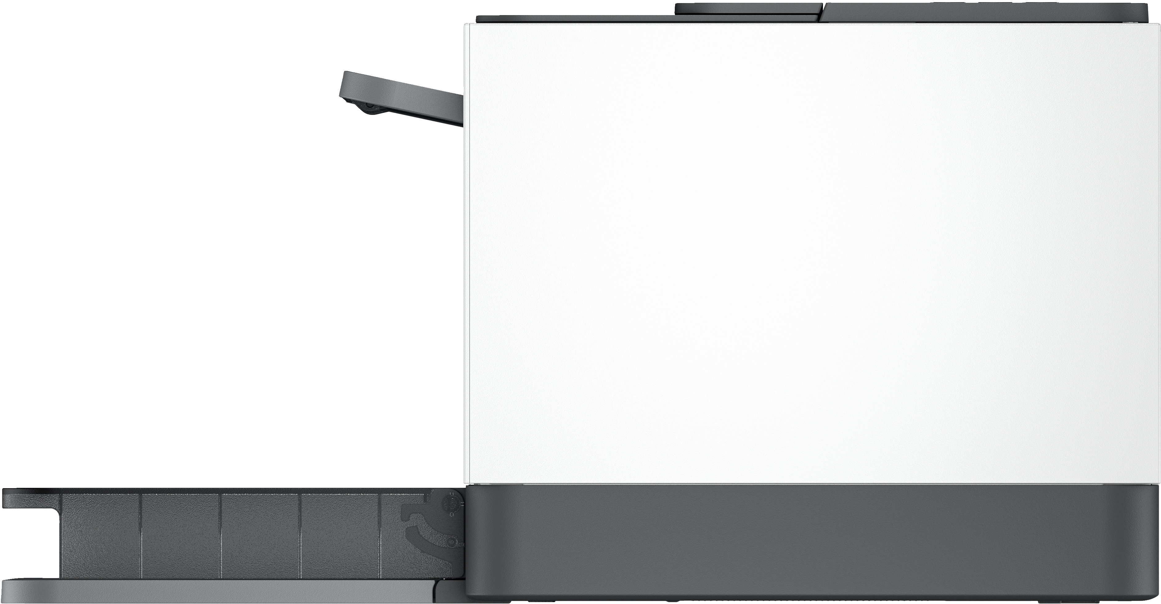 Biała drukarka, widok z boku, z podajnikiem papieru. Ciemnoszara podstawa i górna część.