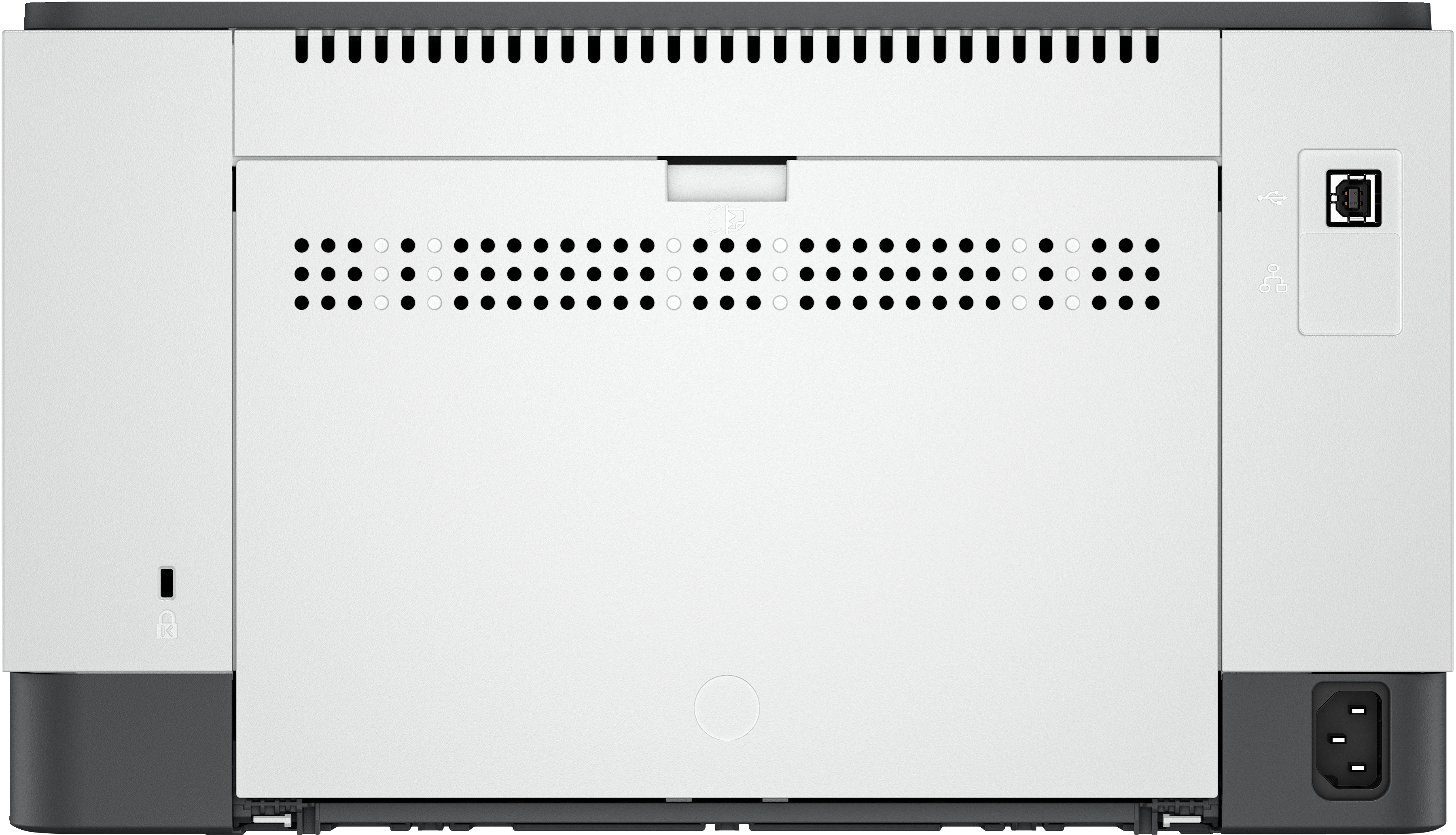 Tył białej drukarki z otworami wentylacyjnymi, portem USB i wejściem zasilania.