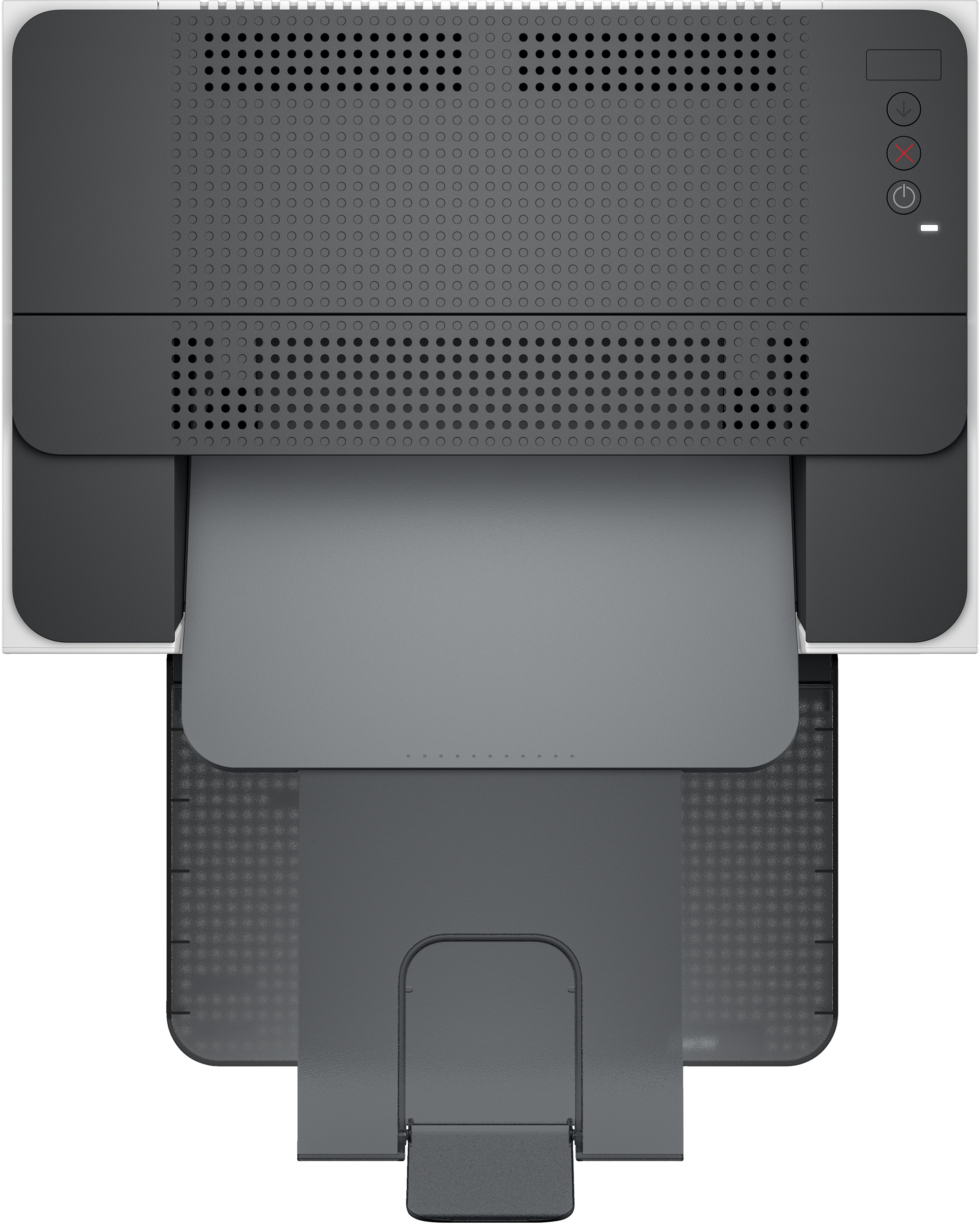 Biało-szara drukarka HP, widok z góry, z otwartą tacą i czarnym panelem z kontrolkami.