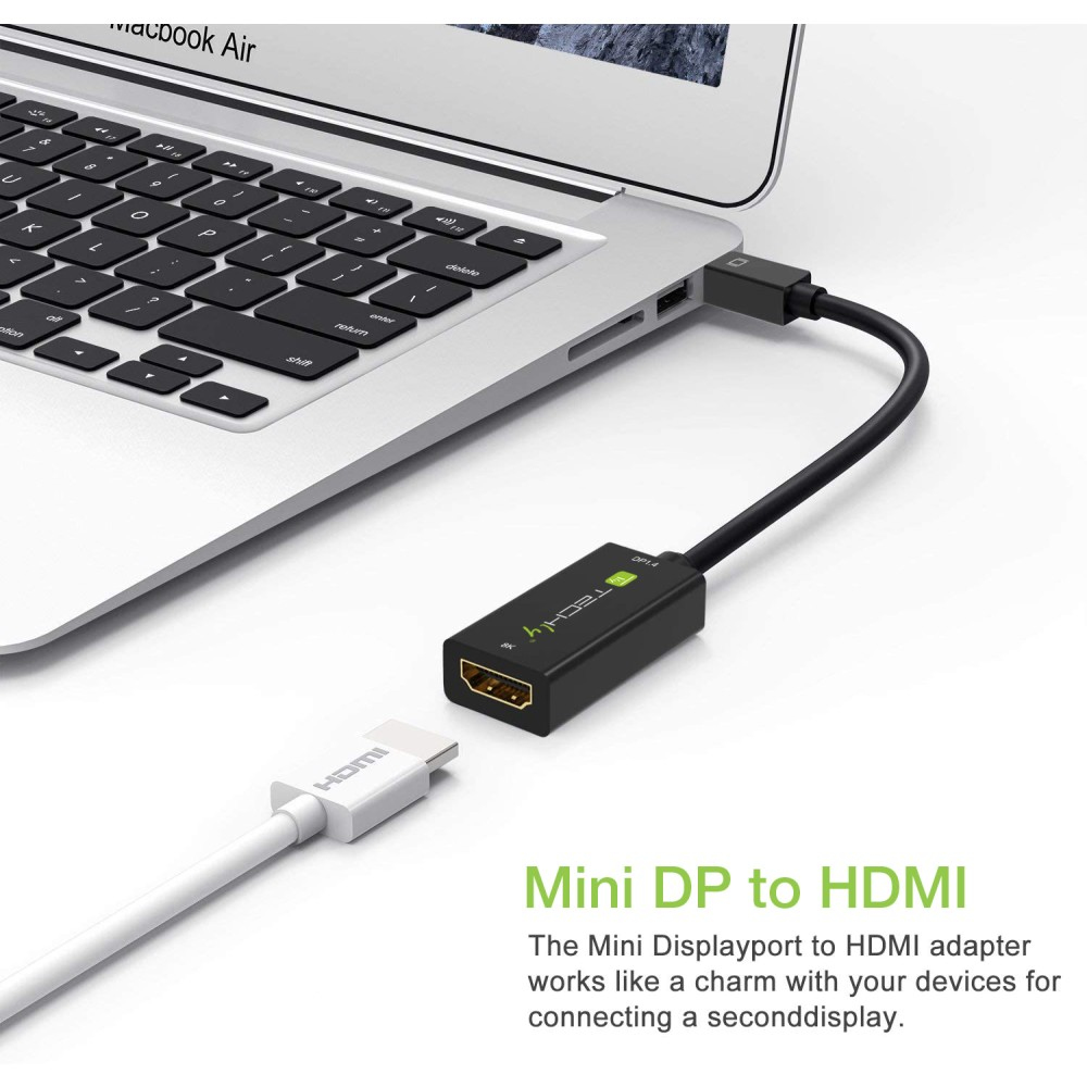 Adaptador Mini DisplayPort a HDMI conectado a laptop, con texto: Mini DP a HDMI.