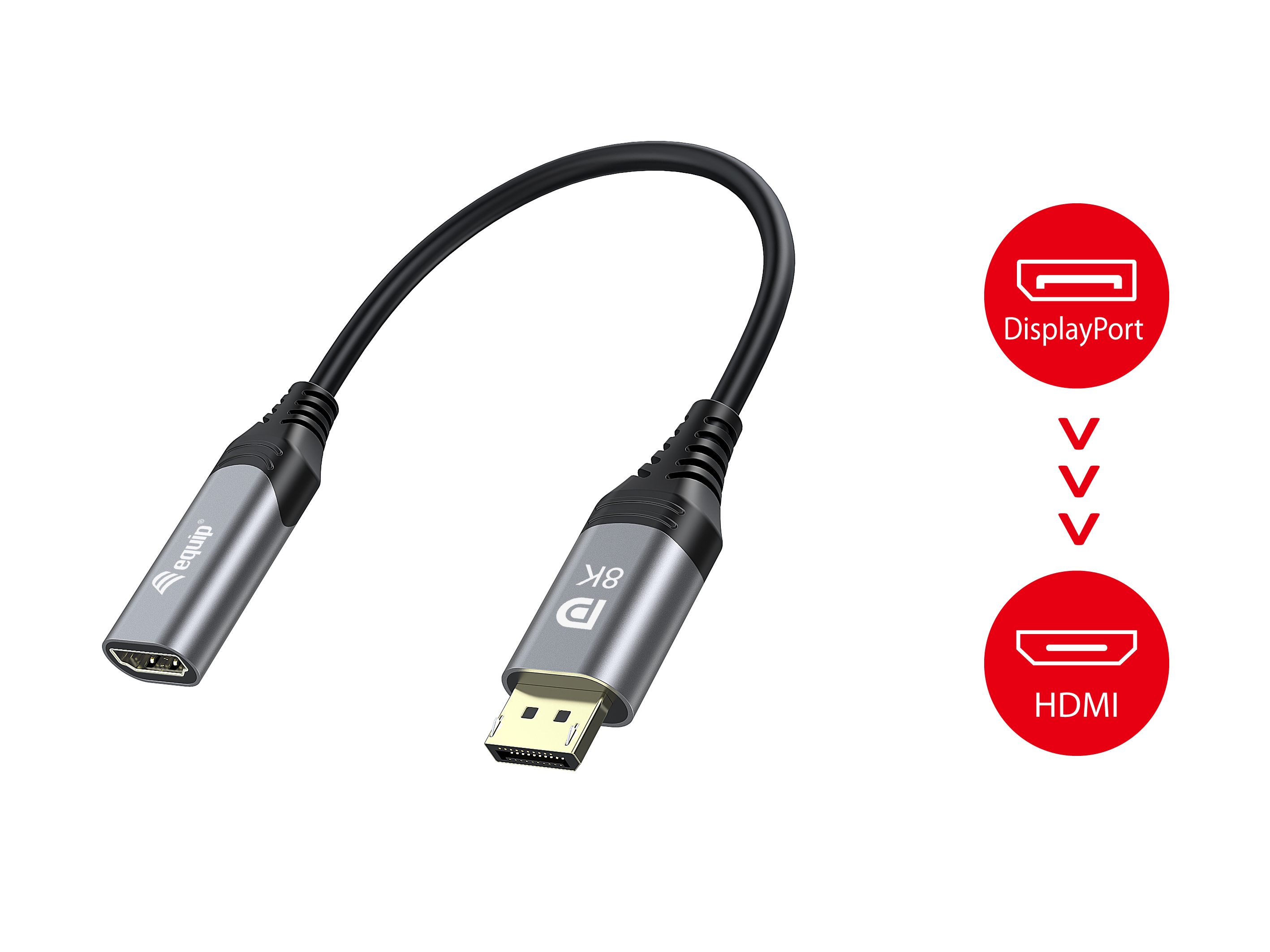 Un cable adaptador de DisplayPort a HDMI, con símbolos de conector y un logotipo de Equip.