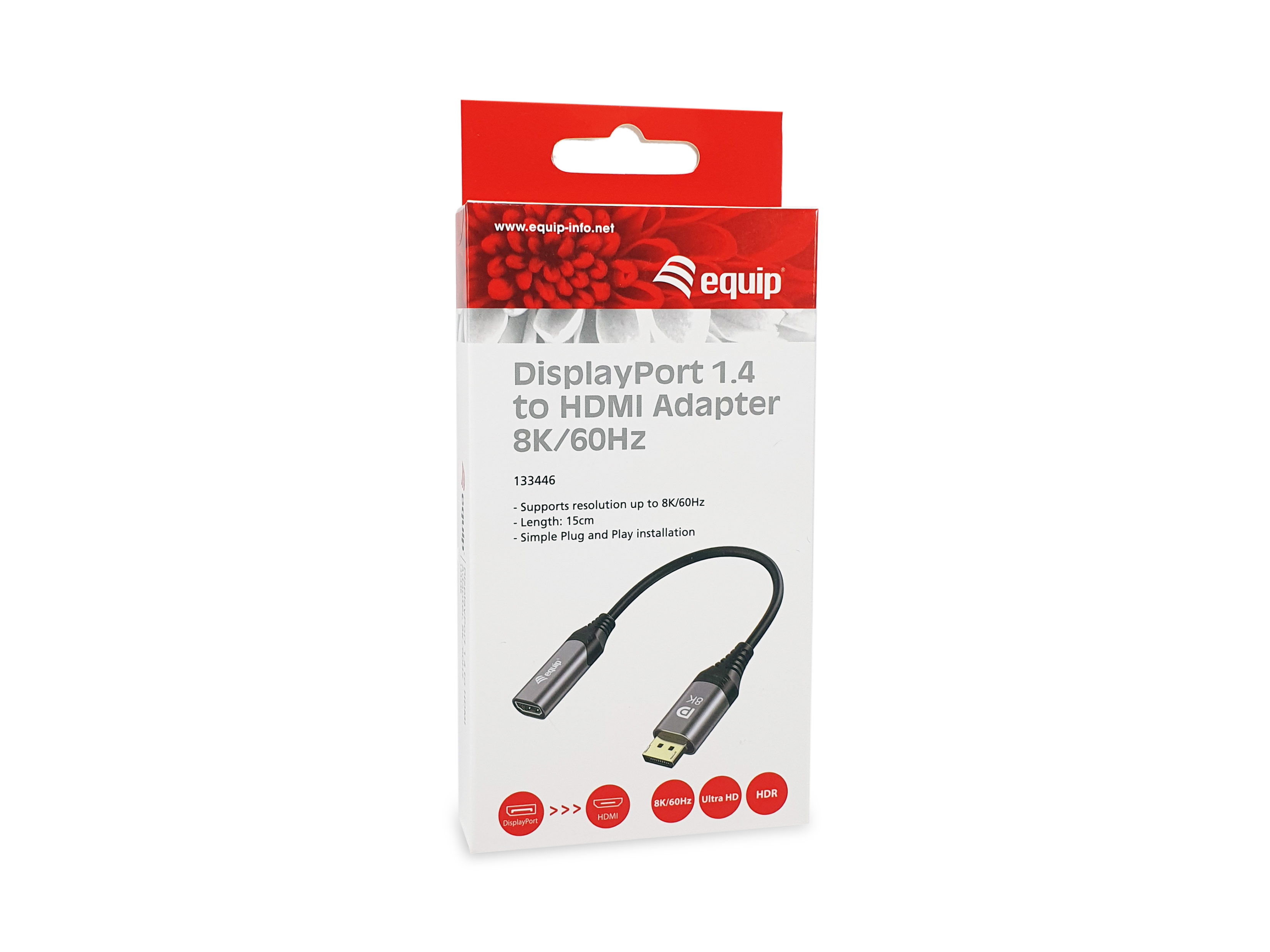 Una caja blanca con un cable adaptador de DisplayPort a HDMI, con símbolos de conector y el logotipo de Equip.