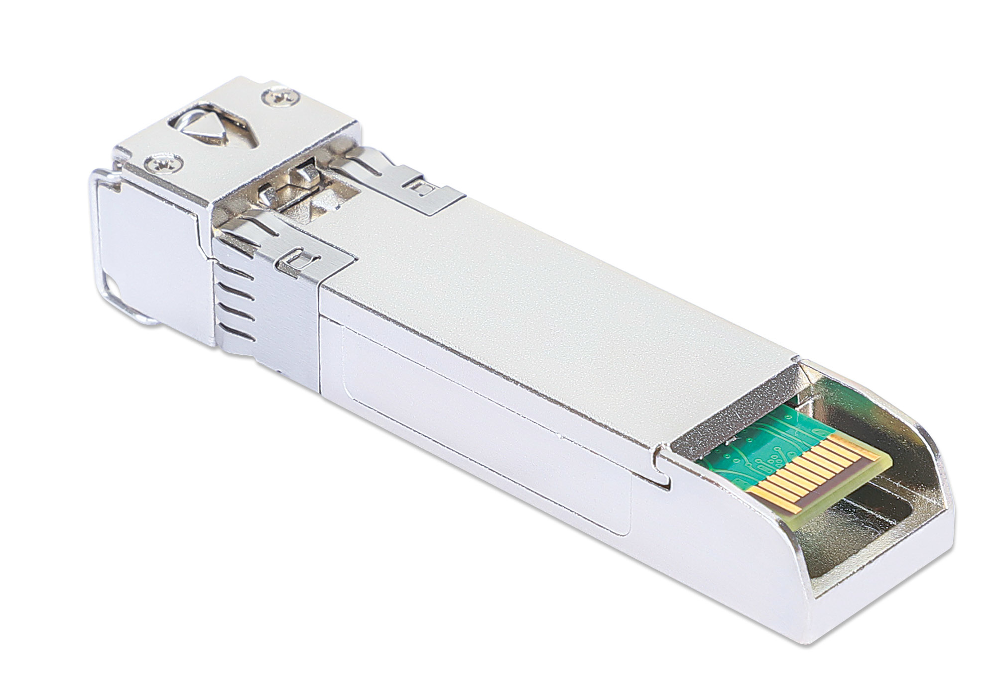 Srebrny metalowy transceiver SFP na białym tle.