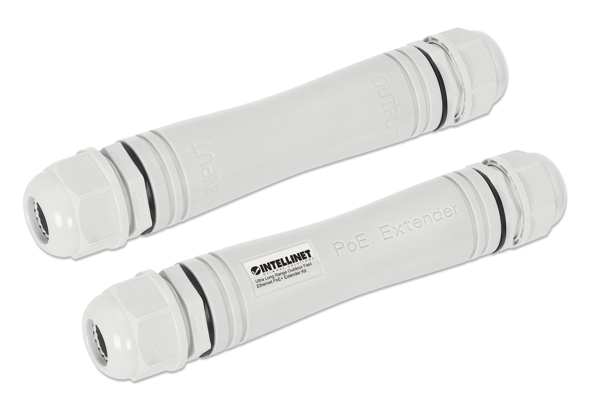 Dwa białe extendery PoE, widok z boku, pokazujące 'Input' i 'Output'.