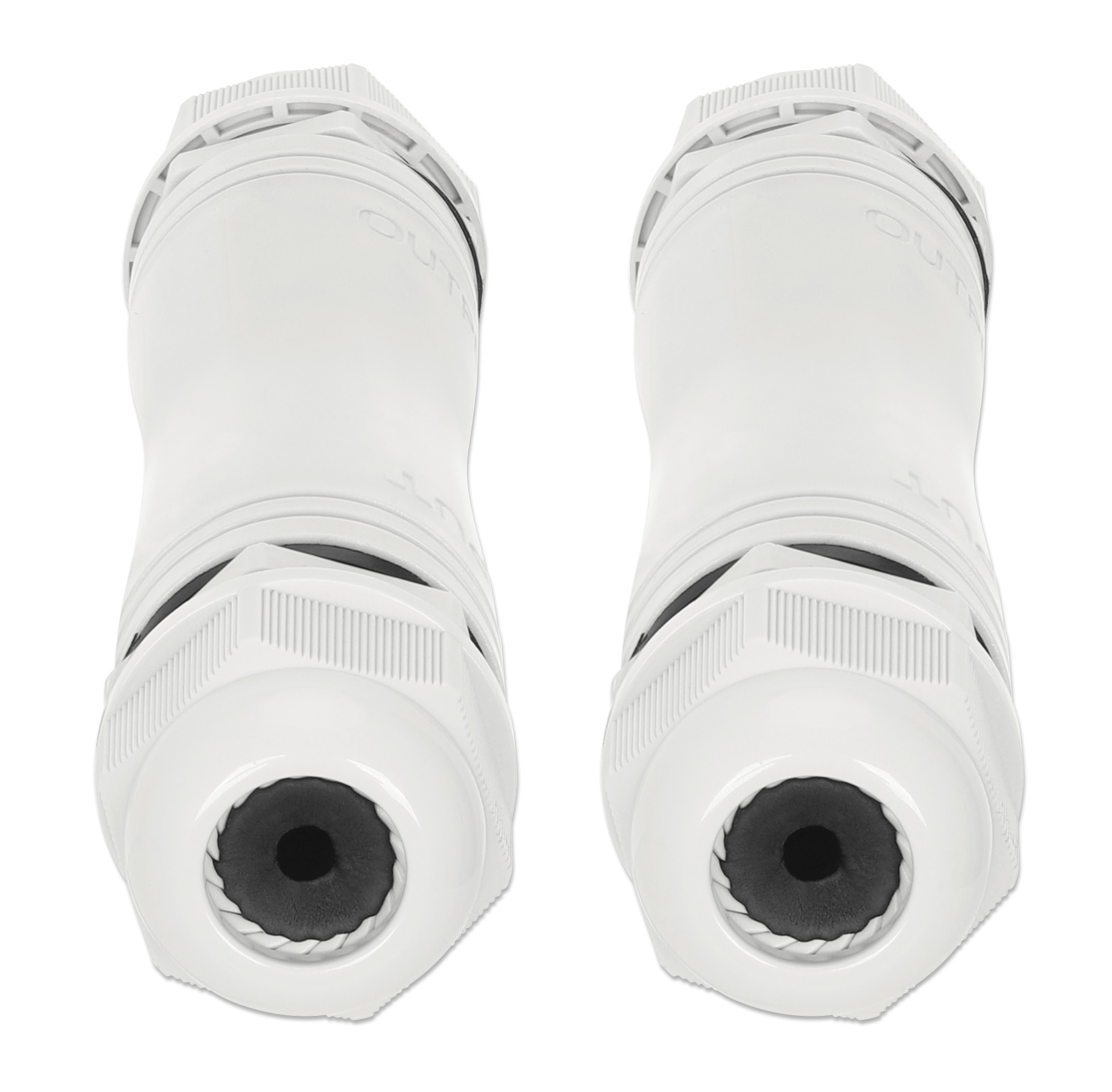 Dwa białe wodoodporne złącza z czarnymi detalami wewnętrznymi na białym tle.