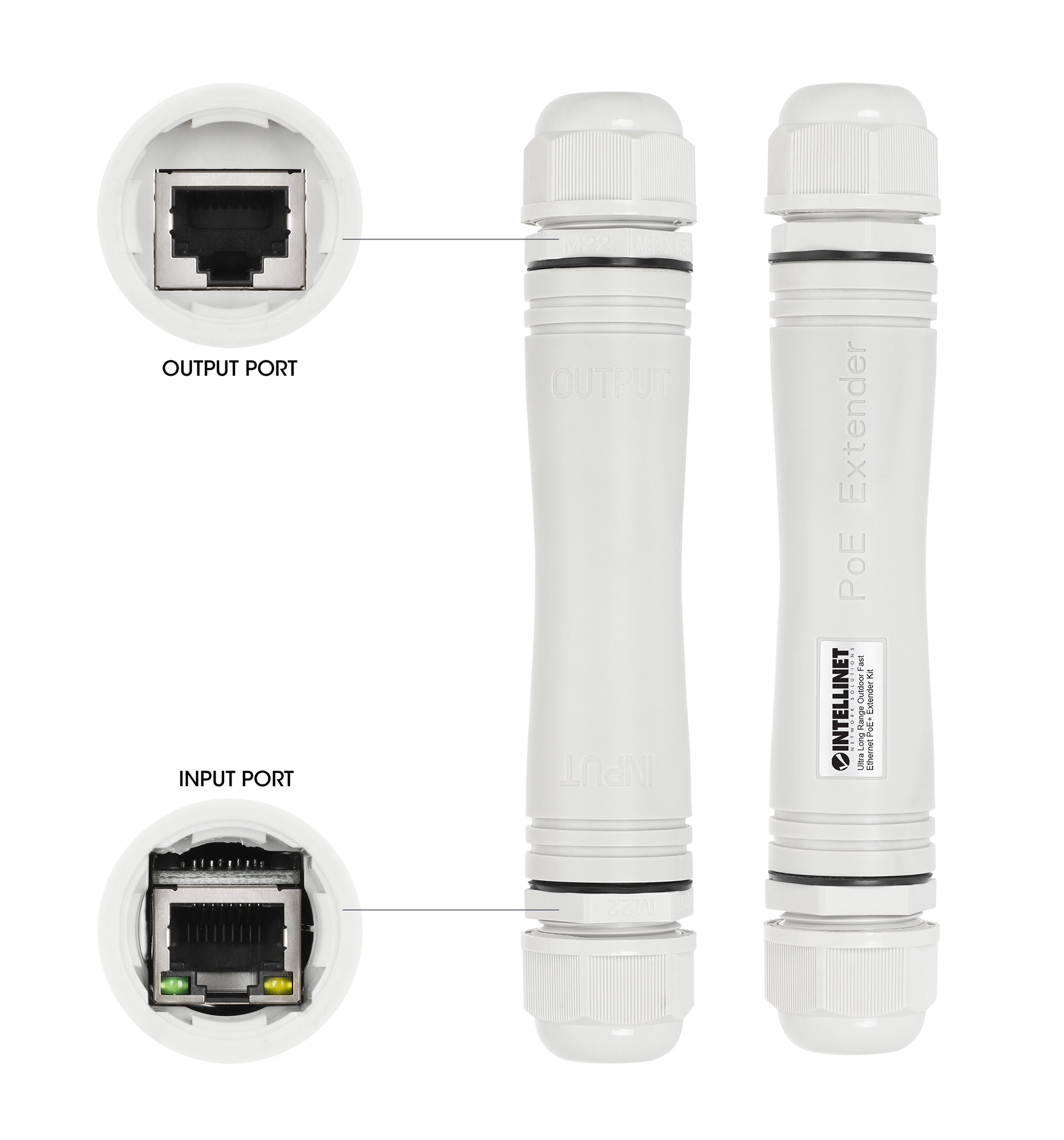 Biały extender PoE z oznaczonymi portami wejściowymi i wyjściowymi.