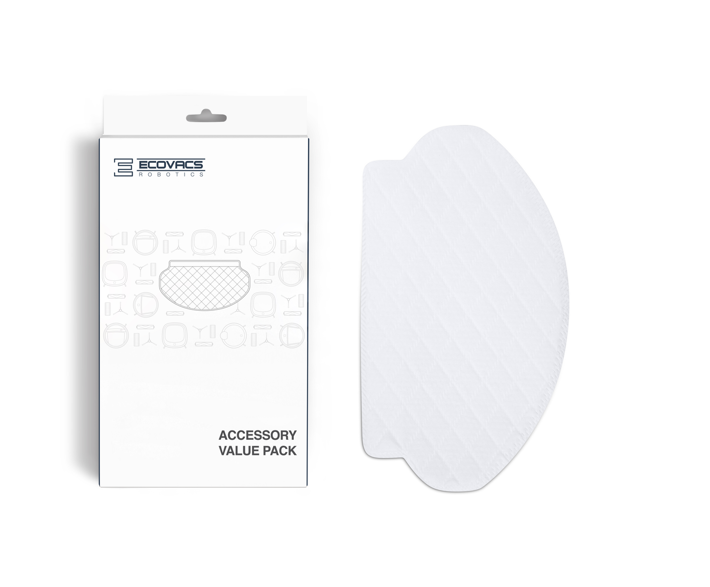 Wit Ecovacs accessoirepakket met twee witte reinigingspads op witte achtergrond.