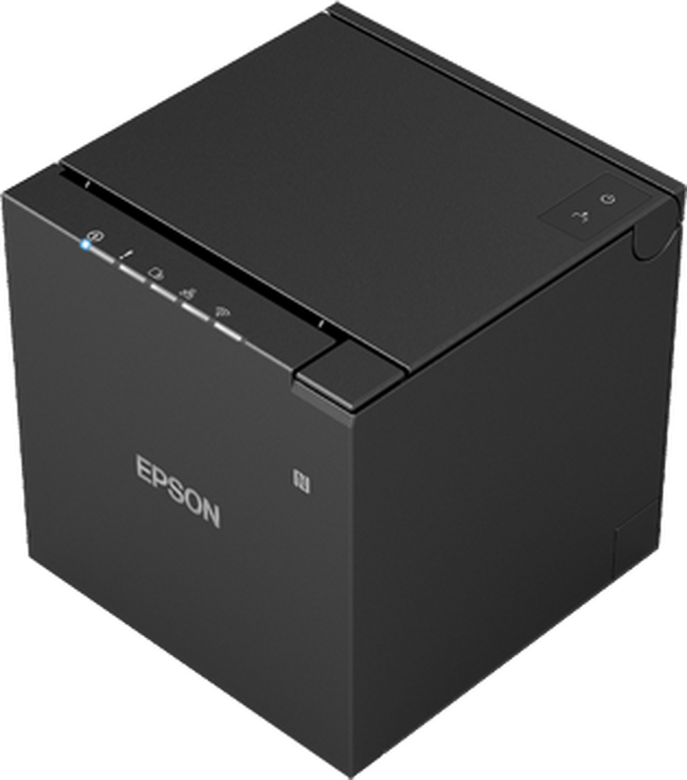 Stampante Epson nera, vista angolata. Il marchio è visibile.