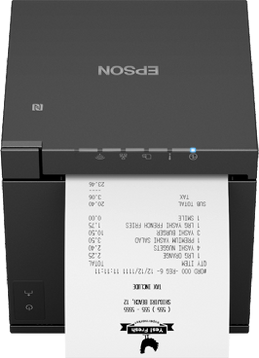 Stampante termica Epson nera che stampa una ricevuta con dettagli ordine cibo.