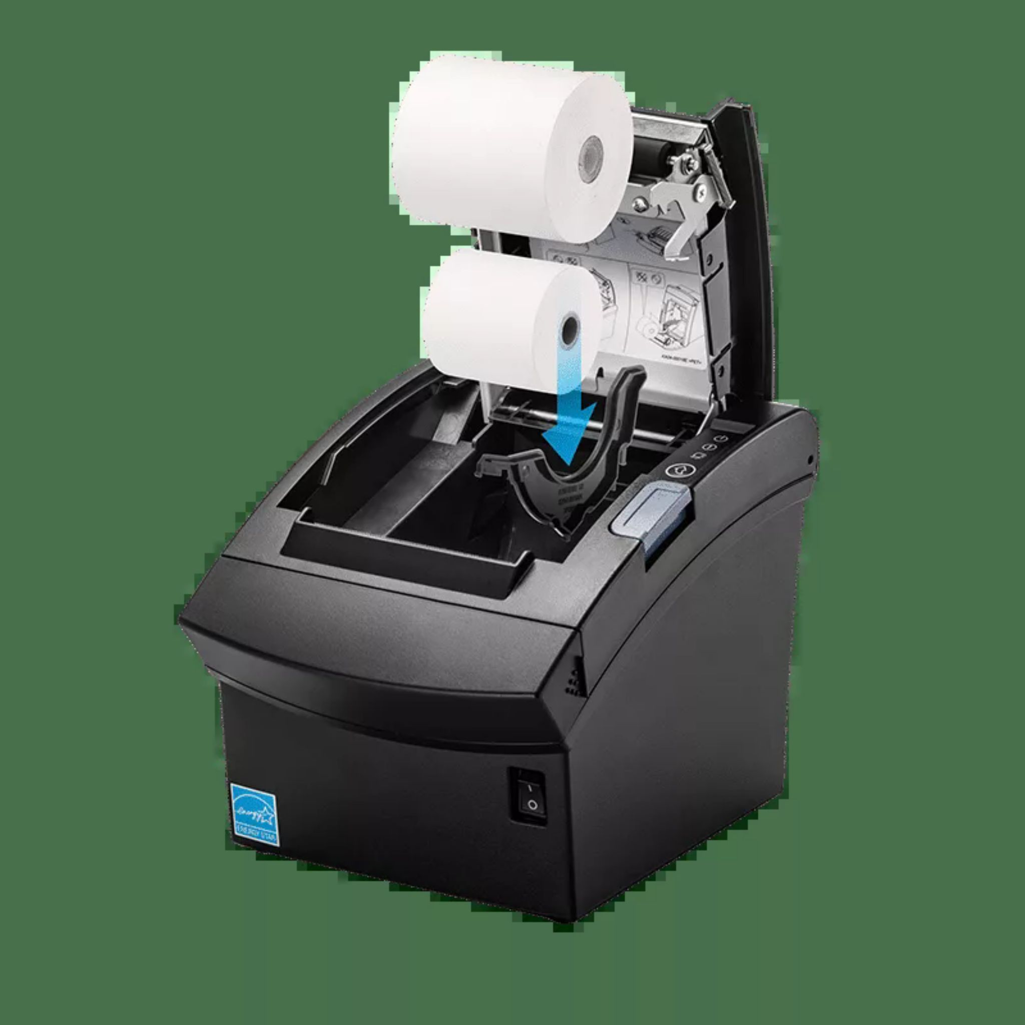 Czarna drukarka termiczna z dwoma białymi rolkami papieru i przyciskiem zasilania.