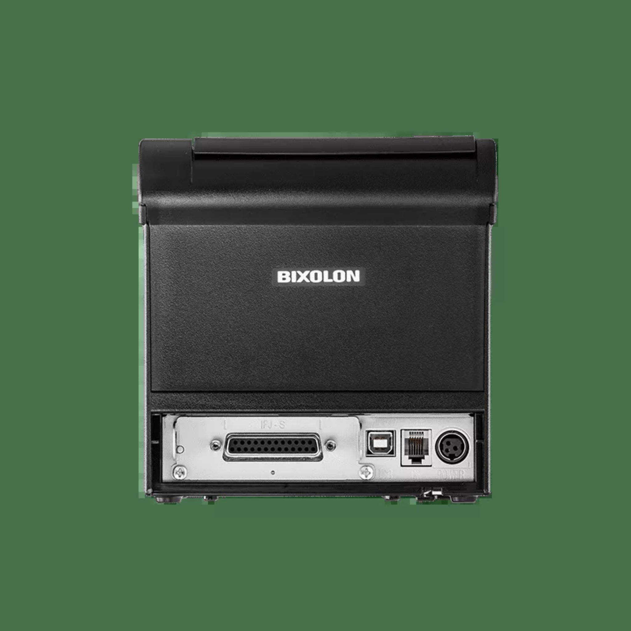 Czarna drukarka z logo BIXOLON, porty widoczne z tyłu.