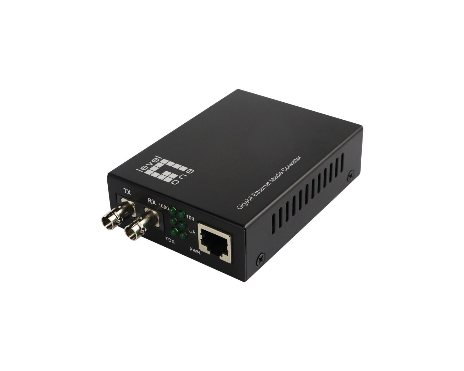 Convertitore di media Ethernet nero con porte e logo LevelOne.