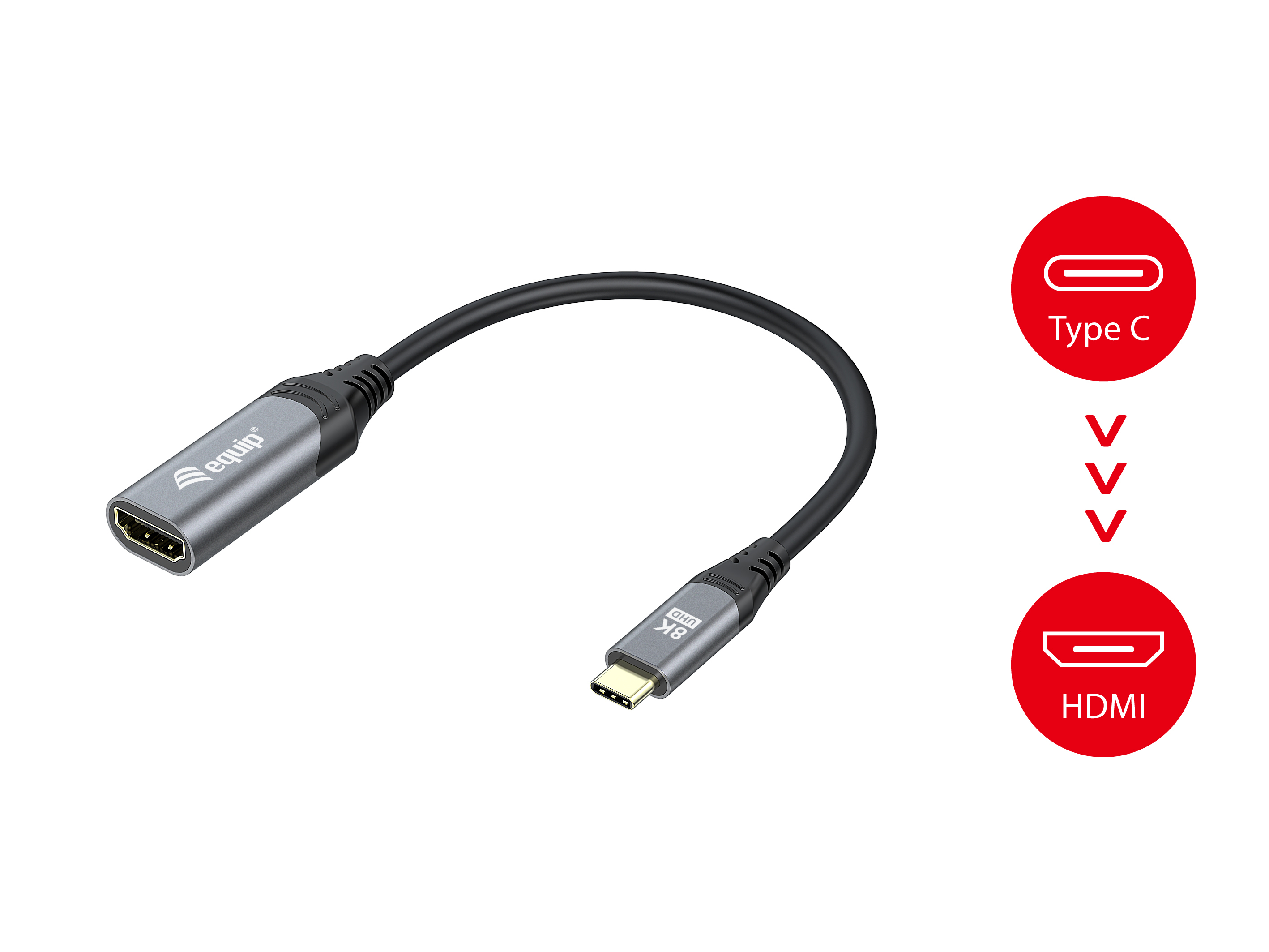 Szary kabel adaptera equip HDMI na USB-C z szarym złączem. Obecne ikony Typu C i HDMI.