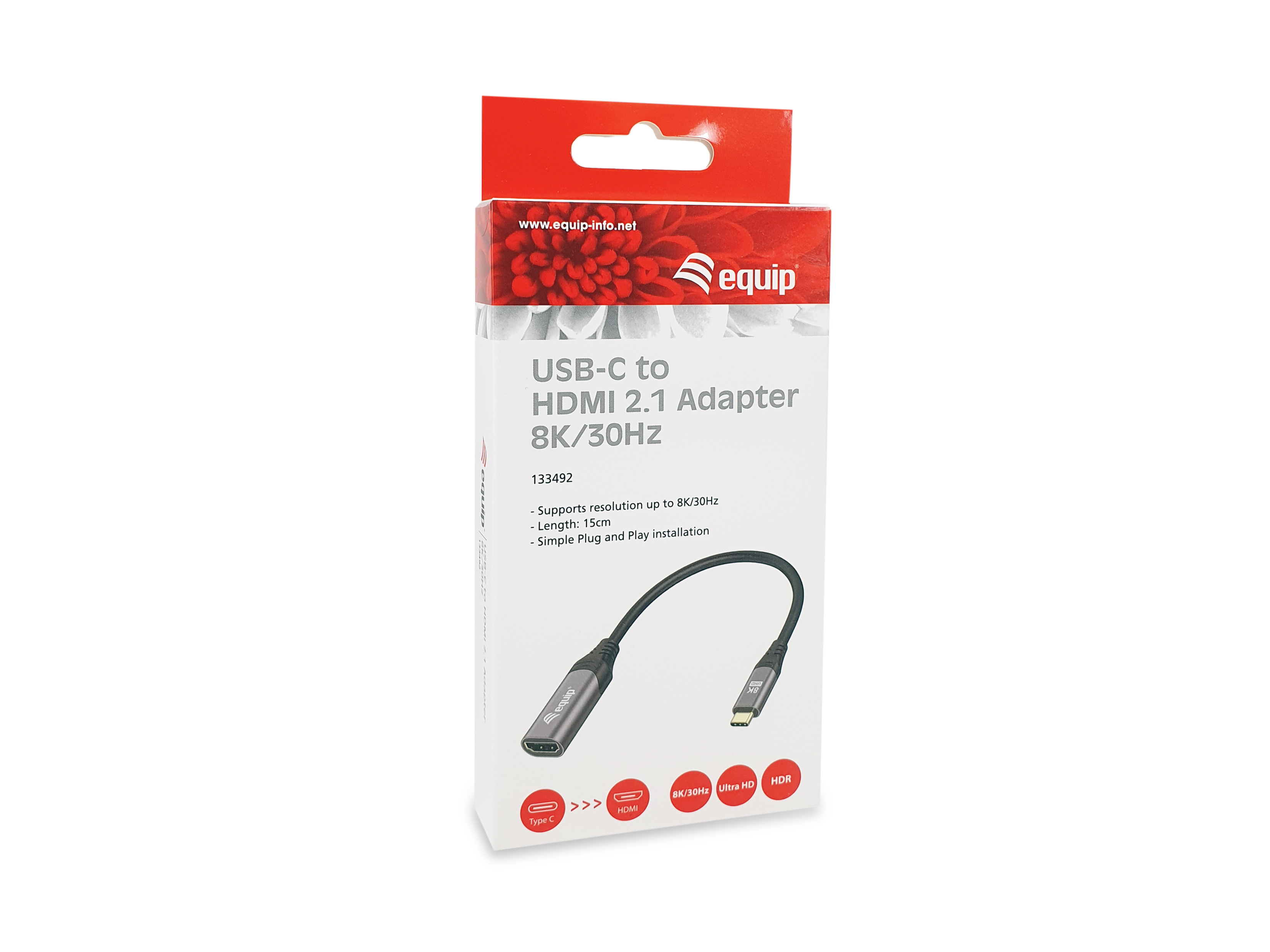 Adapter USB-C do HDMI z pudełkiem. Adapter jest czarny. Pudełko jest biało-czerwone.