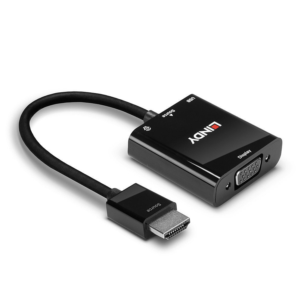Un adaptador HDMI a VGA negro con puerto USB y cable. La marca 'LINDY' es visible.