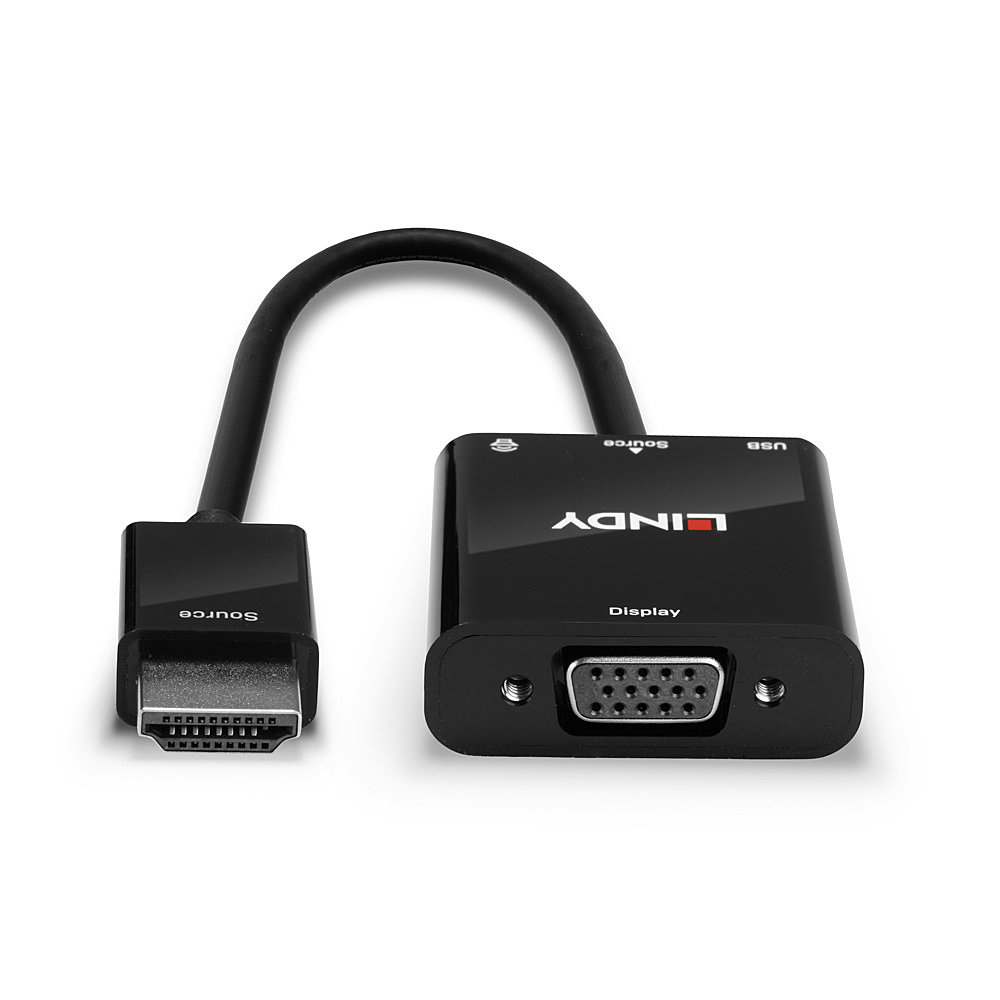 Adaptador LINDY negro con conectores VGA y HDMI, y un puerto USB.